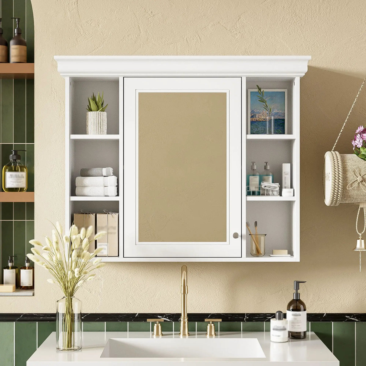 Wall Mounted Bathroom Storage Cabinet | Mirror Door | Silver Metal Handles | Open Shelves