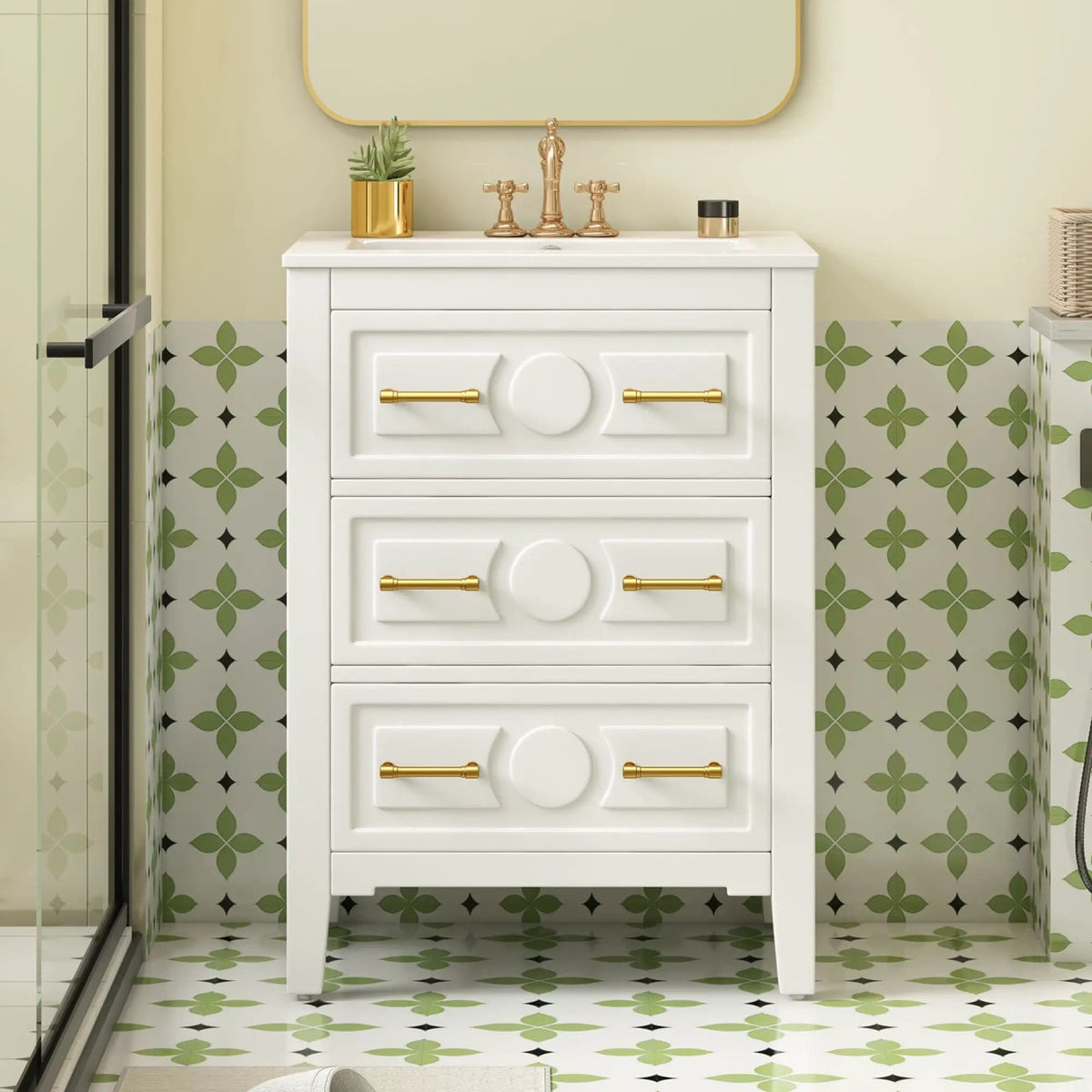 Bathroom Vanity With Sink, Free Standing Single Set, 3 Drawer Storage Cabinet | 2 Pieces | Solid Wood & Ceramic | Bathroom