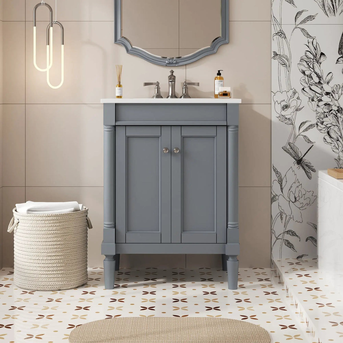 24 Inch Bathroom Vanity With Top Sink | 2 Tier Storage Cabinet | Retro Metal Handles | Soft-Closing Hinges