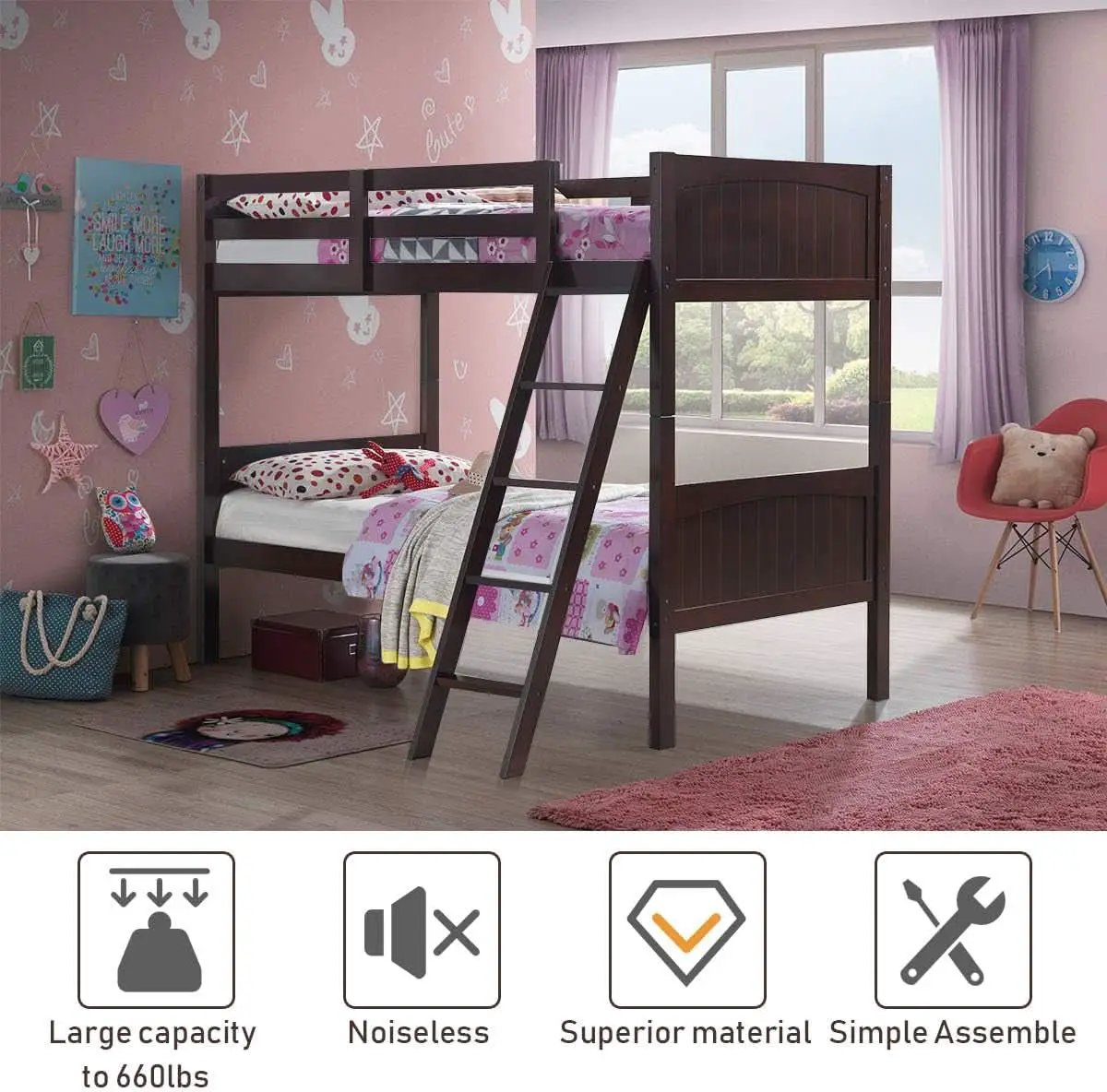Twin Over Twin Bunk Bed Espresso With Safety Rails from PriceLows™