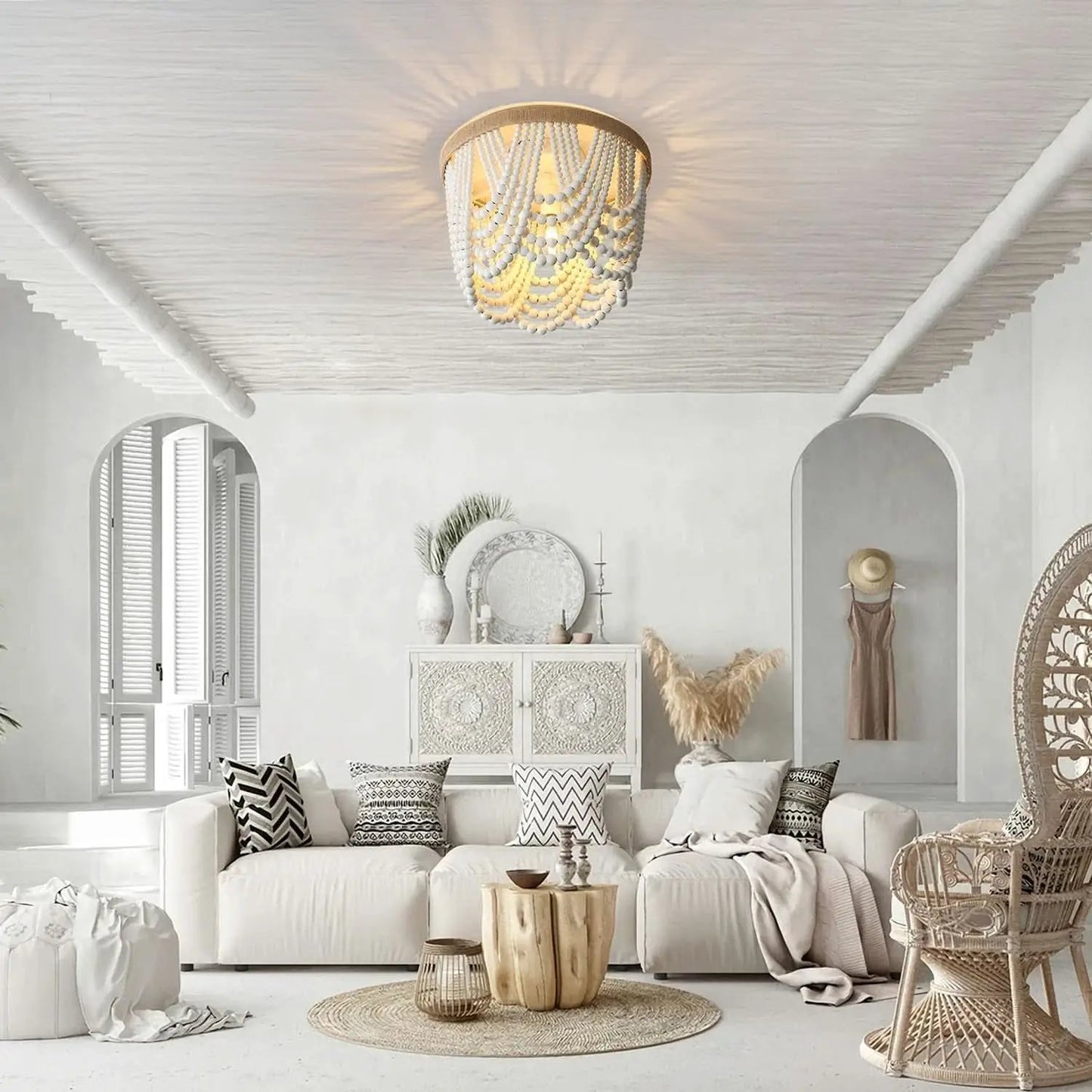 Three Light White Wood Bead Bohemian Chandelier Handmade from PriceLows™