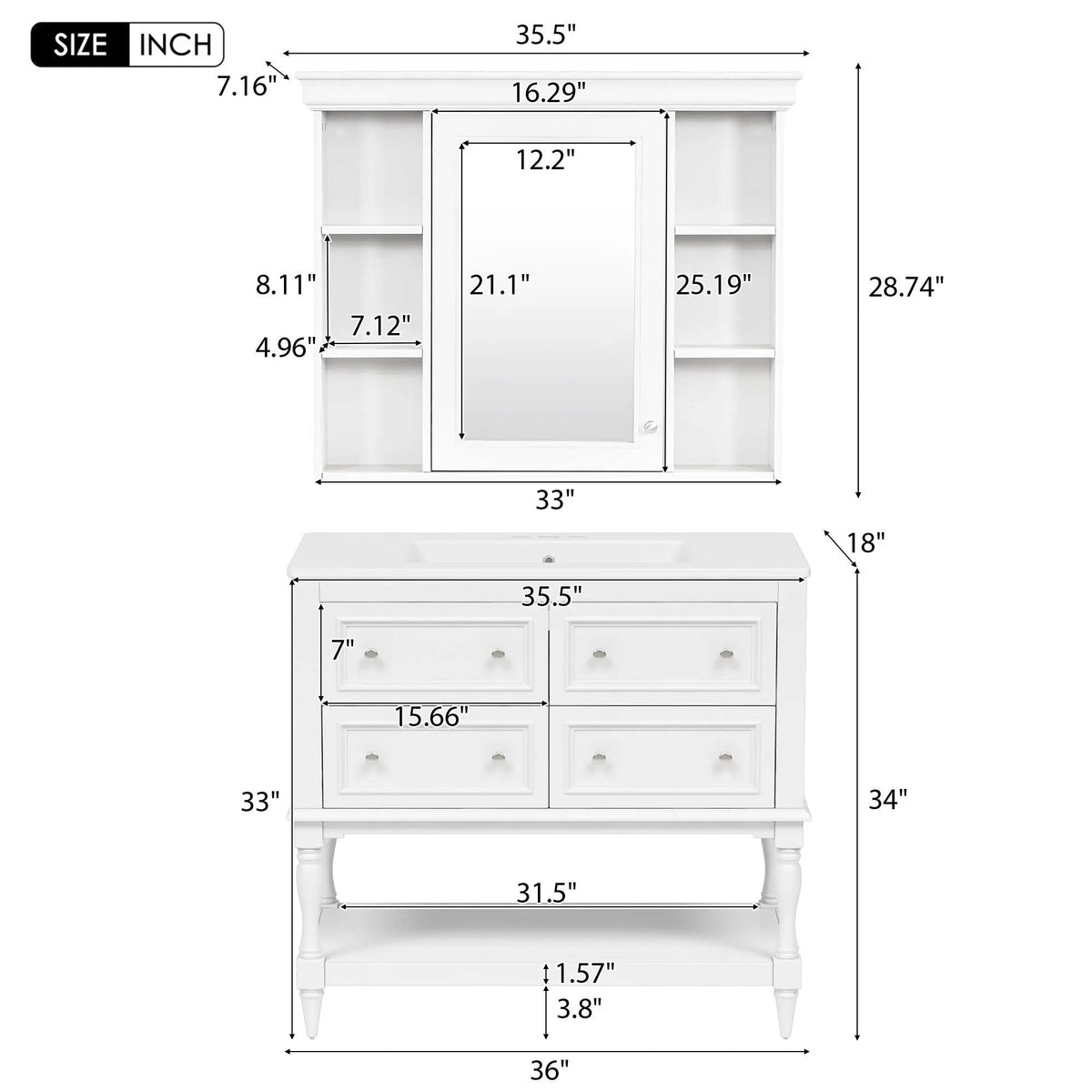 Bathroom Vanity With Medicine Cabinet | 4 Extension Drawers | Adjustable Shelf Mirror | Solid Wood Frame