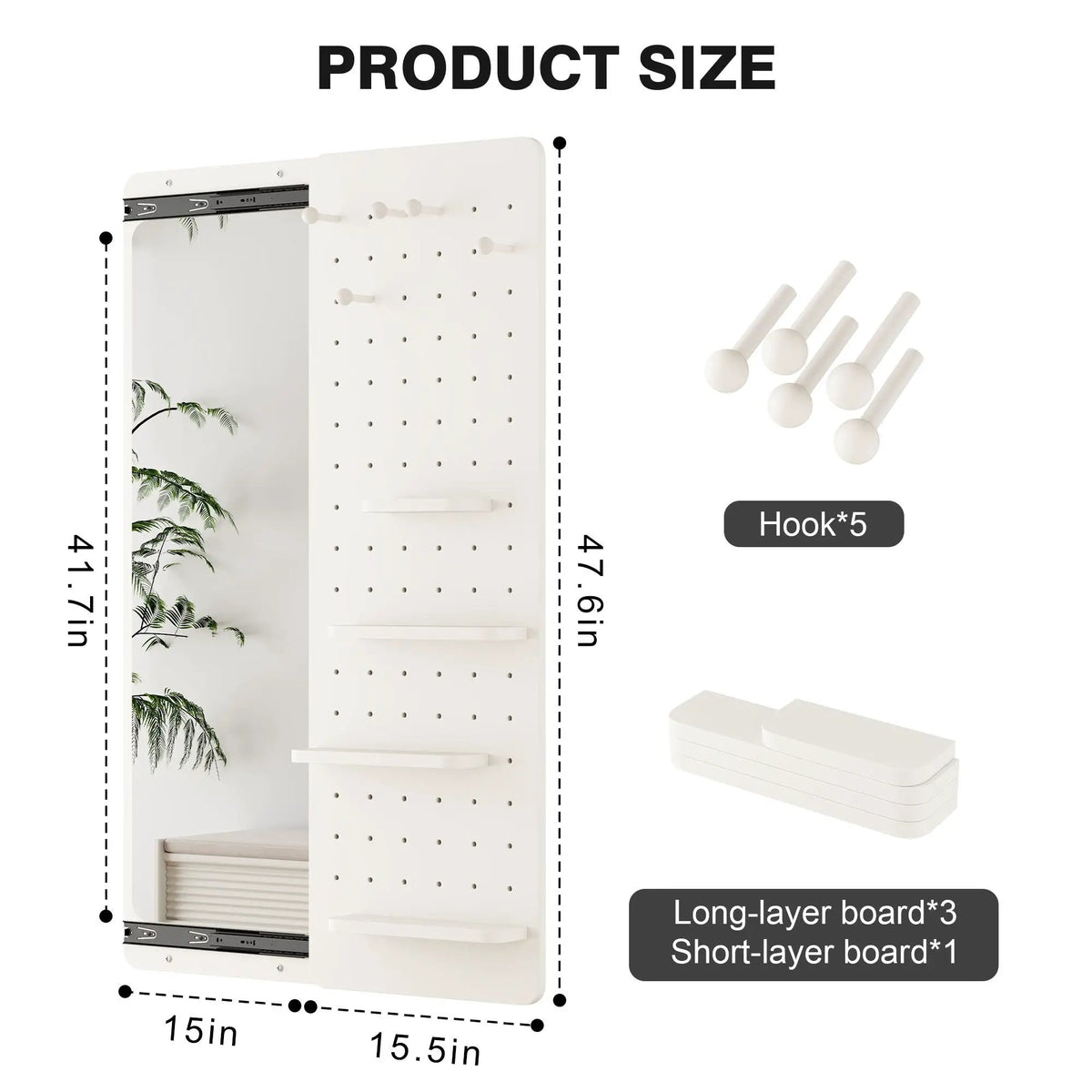 Wall Mounted Full Length Mirror | Shelf And Hook | Solid Rubber Wood | Push-Pull Removable Panel