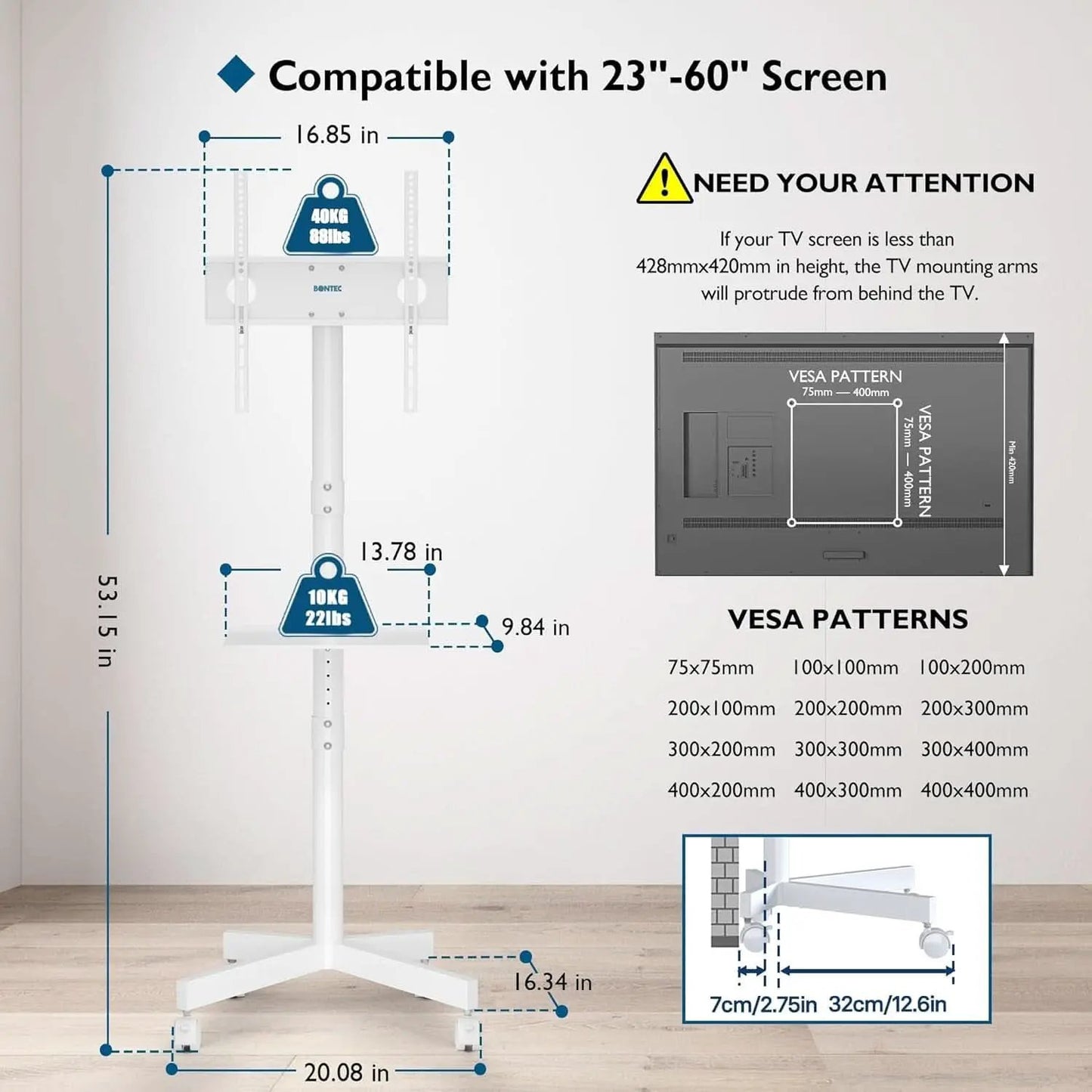 Mobile TV Stand For 23-60 Inch TVs Adjustable Height Locking Wheels White from PriceLows™
