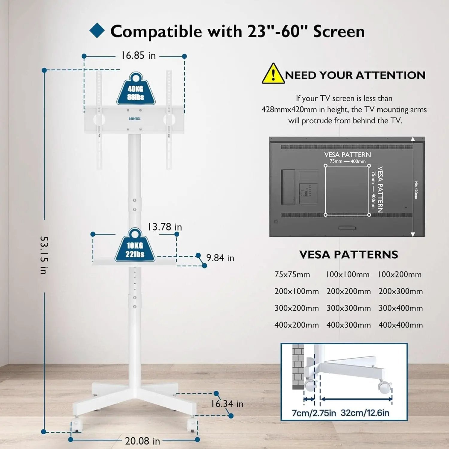 Mobile TV Stand For 23-60 Inch TVs Adjustable Height Locking Wheels White from PriceLows™