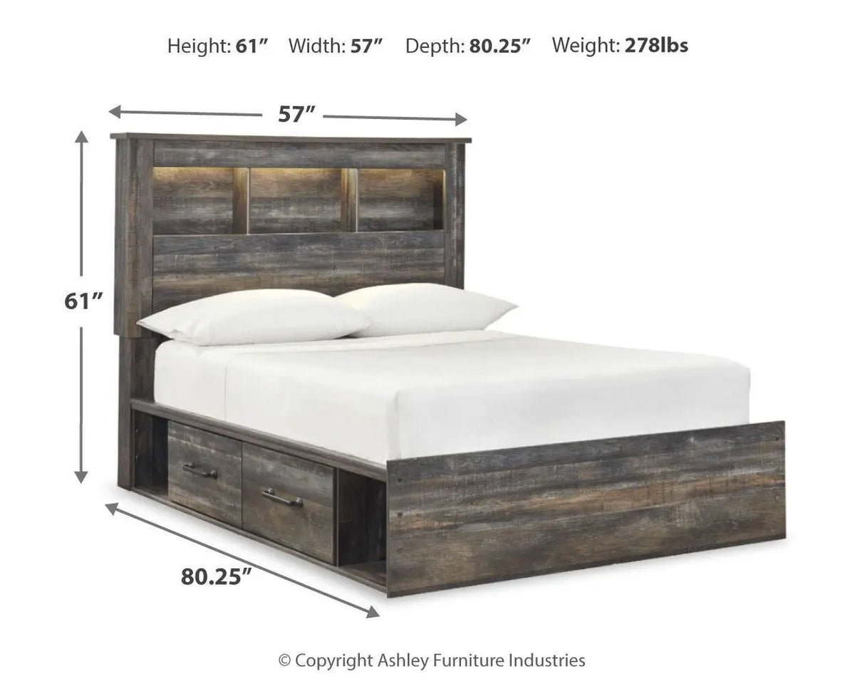 Drystan Panel Bookcase Bed | Storage Headboard | Rustic Industrial Style | 85 Inch Length