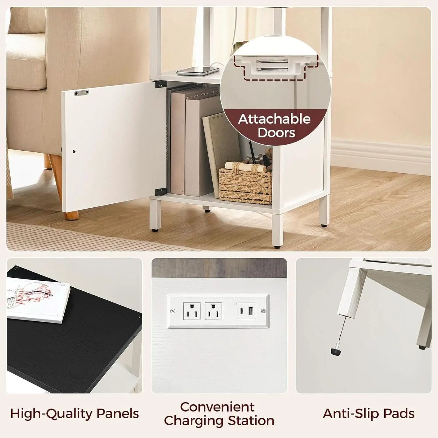White Farmhouse Bedside Nightstand With USB Type C Ports from PriceLows™