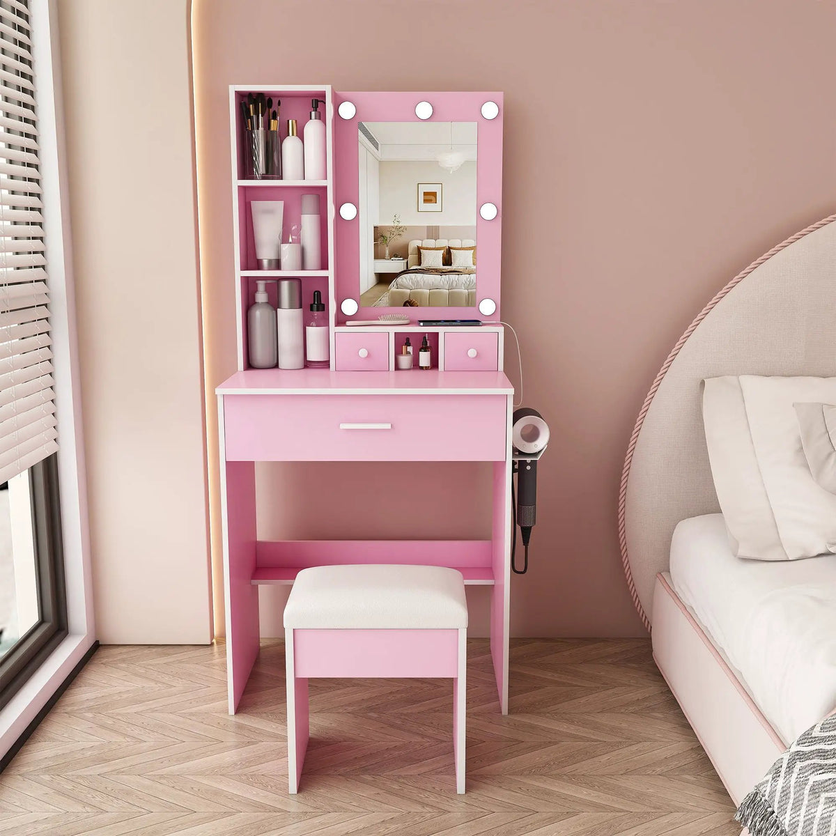 Vanity Table | LED Mirror | Power Outlet | Includes Stool