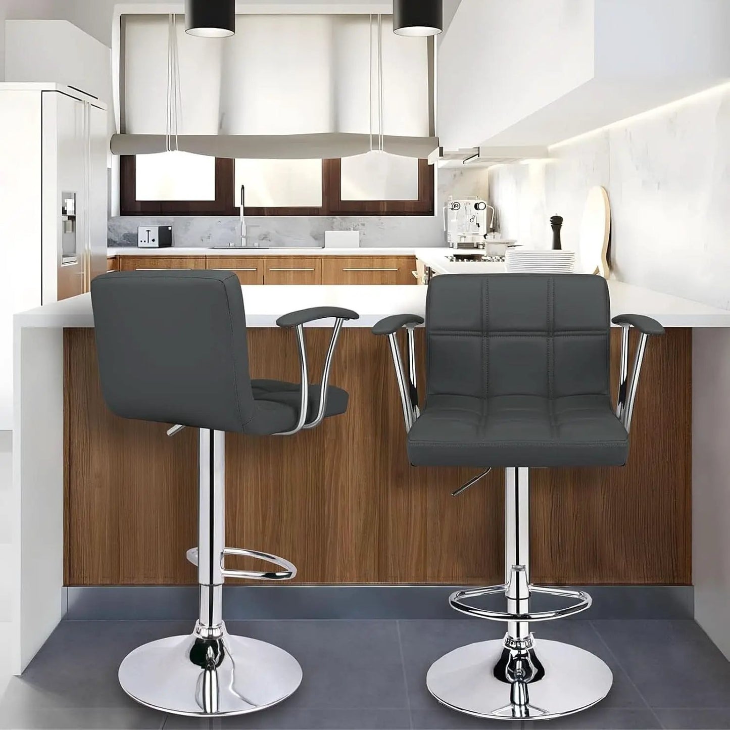 Two Adjustable Swivel Bar Stools With Back Grey PU Leather from PriceLows™