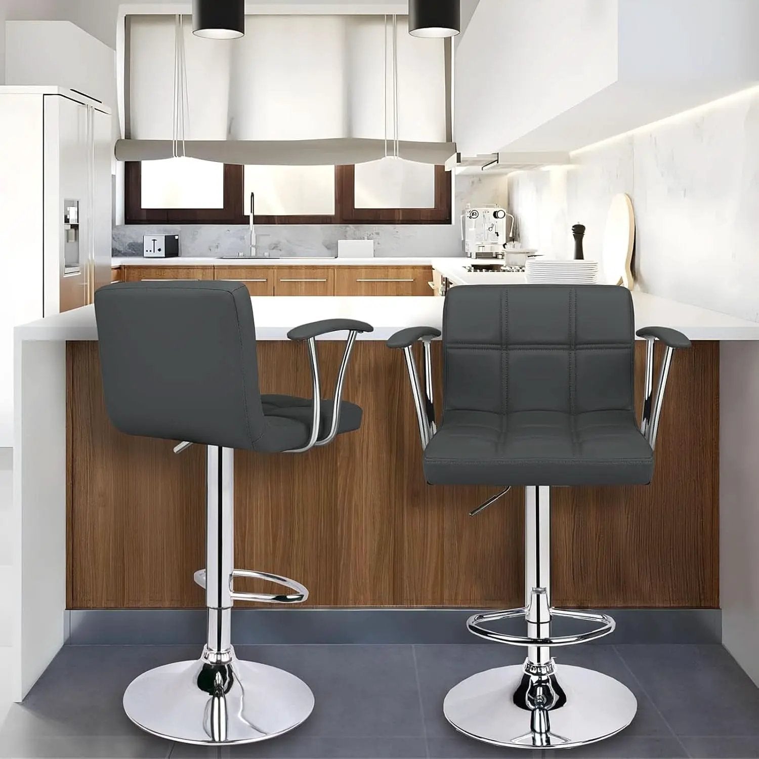 Two Adjustable Swivel Bar Stools With Back Grey PU Leather from PriceLows™