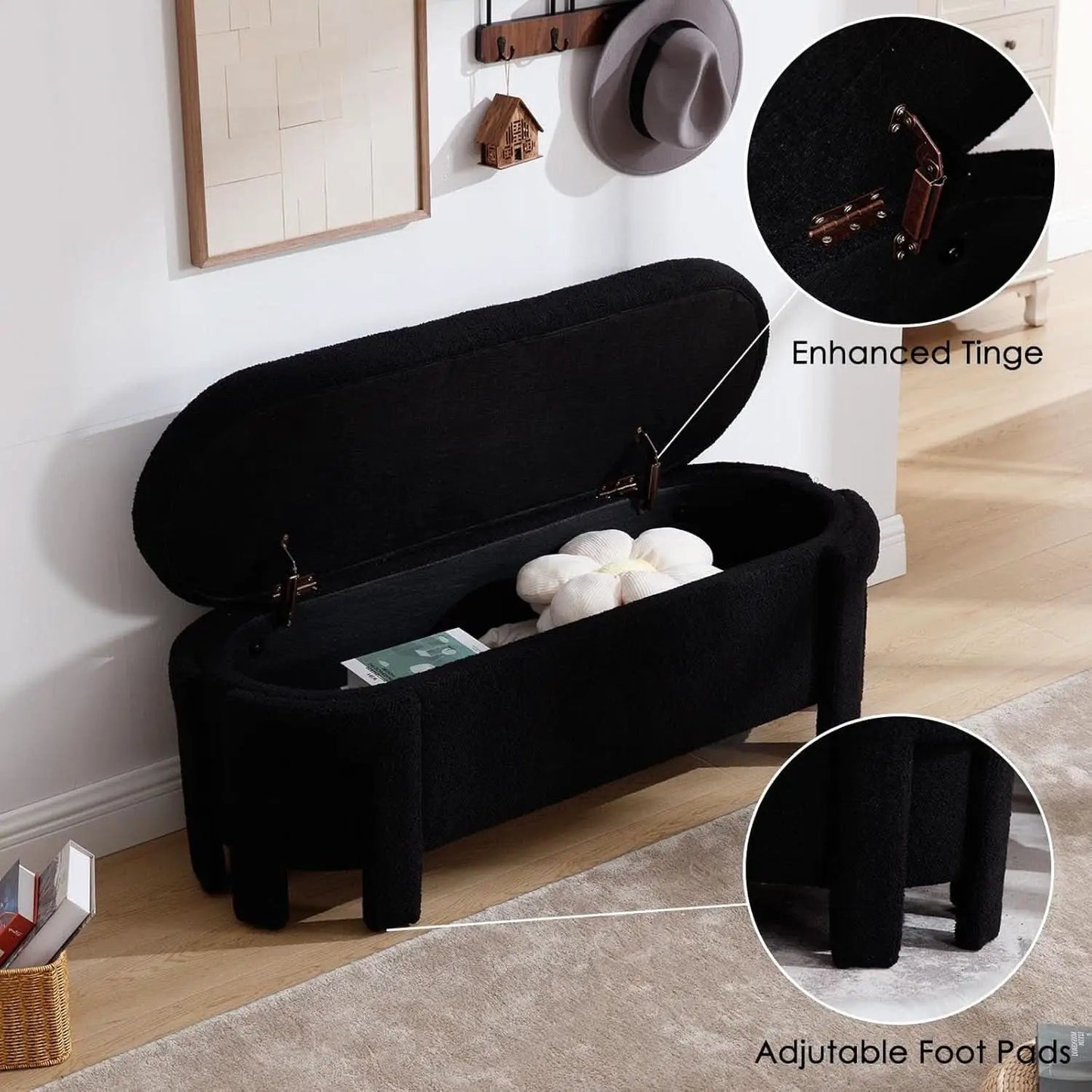FiftyInch Sherpa Black Upholstered Storage Bench Ottoman from PriceLows™