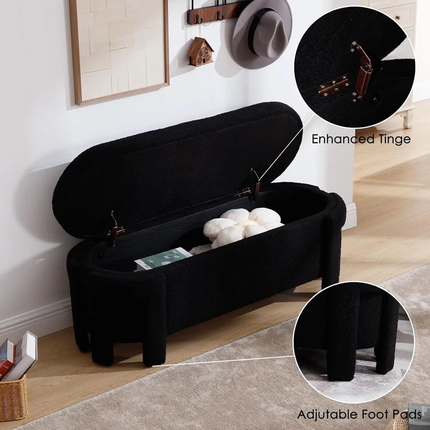 FiftyInch Sherpa Black Upholstered Storage Bench Ottoman from PriceLows™