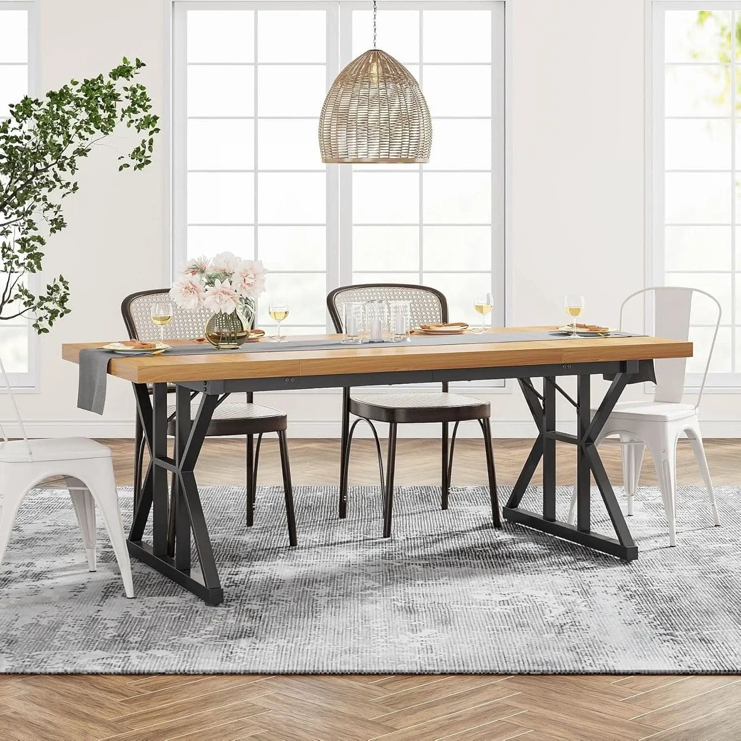 Farmhouse Dining Table 70.8 Inch Wood With Metal Legs from PriceLows™