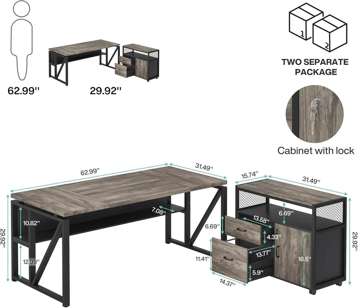 L Shaped Desk With Drawer Cabinet And Lateral File Cabinet 63 Inch Gray from PriceLows™