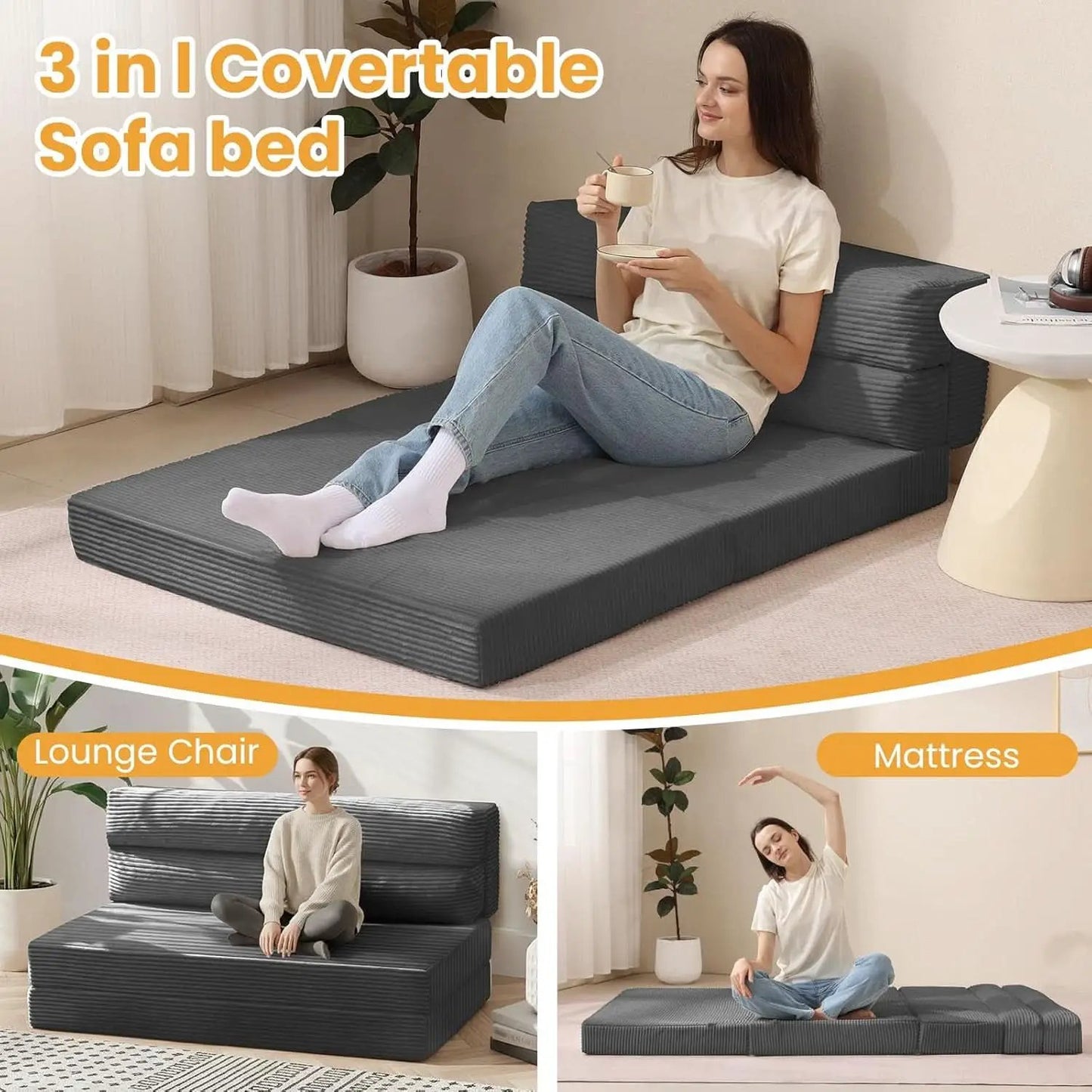Full Size Transformable Memory Foam Sofa Bed Grey Corduroy from PriceLows™