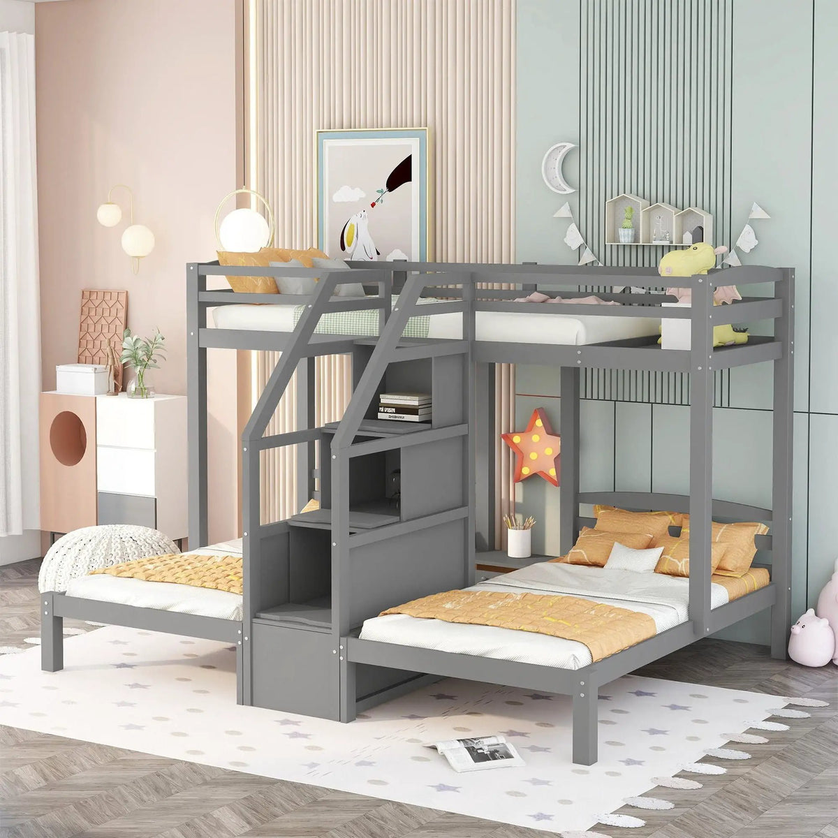 Twin Over Twin Bunk Bed | Built-In Staircase With Drawers | Upper Storage Shelf | Gray