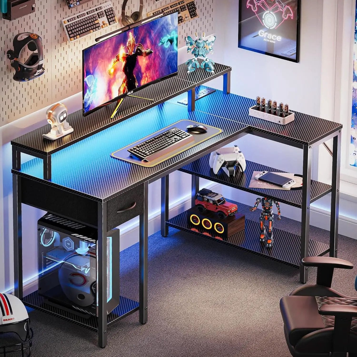 47 Inch L Shaped Gaming Computer Desk Power Outlets Plus from PriceLows™