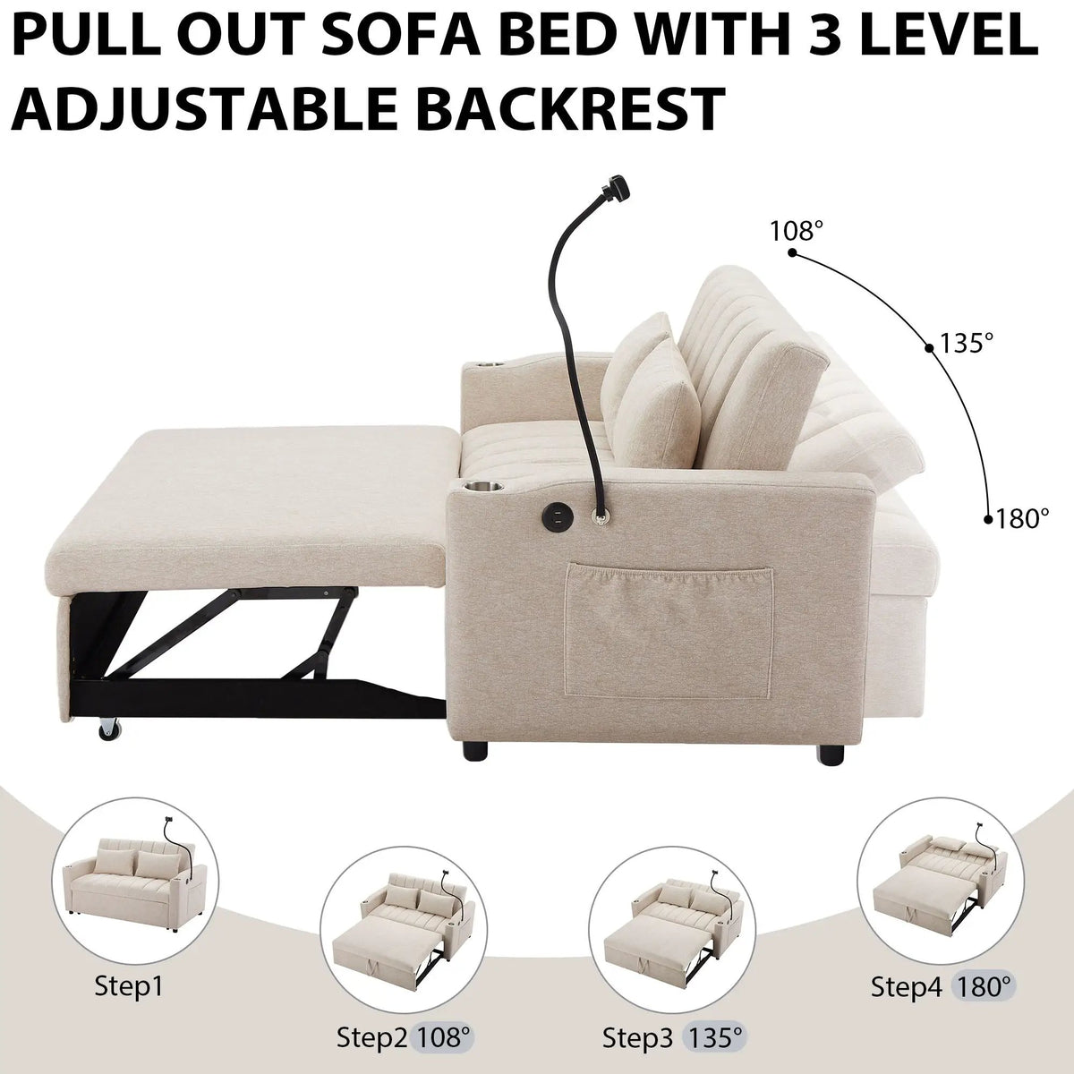 Convertible Sofa Bed | Adjustable Backrest | USB Charging Ports