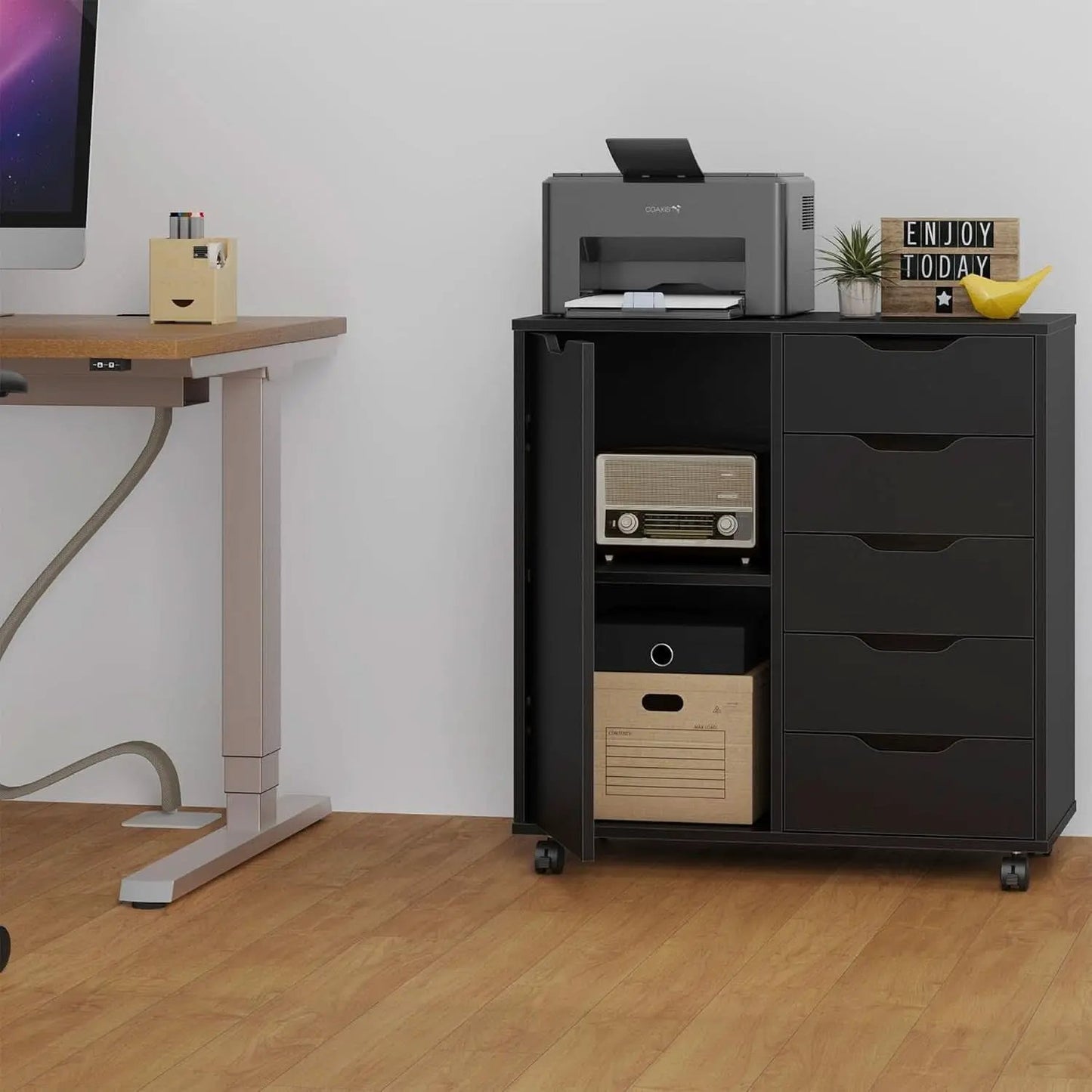 Premium SolidWood Black Five Drawer Interlocking Chest from PriceLows™