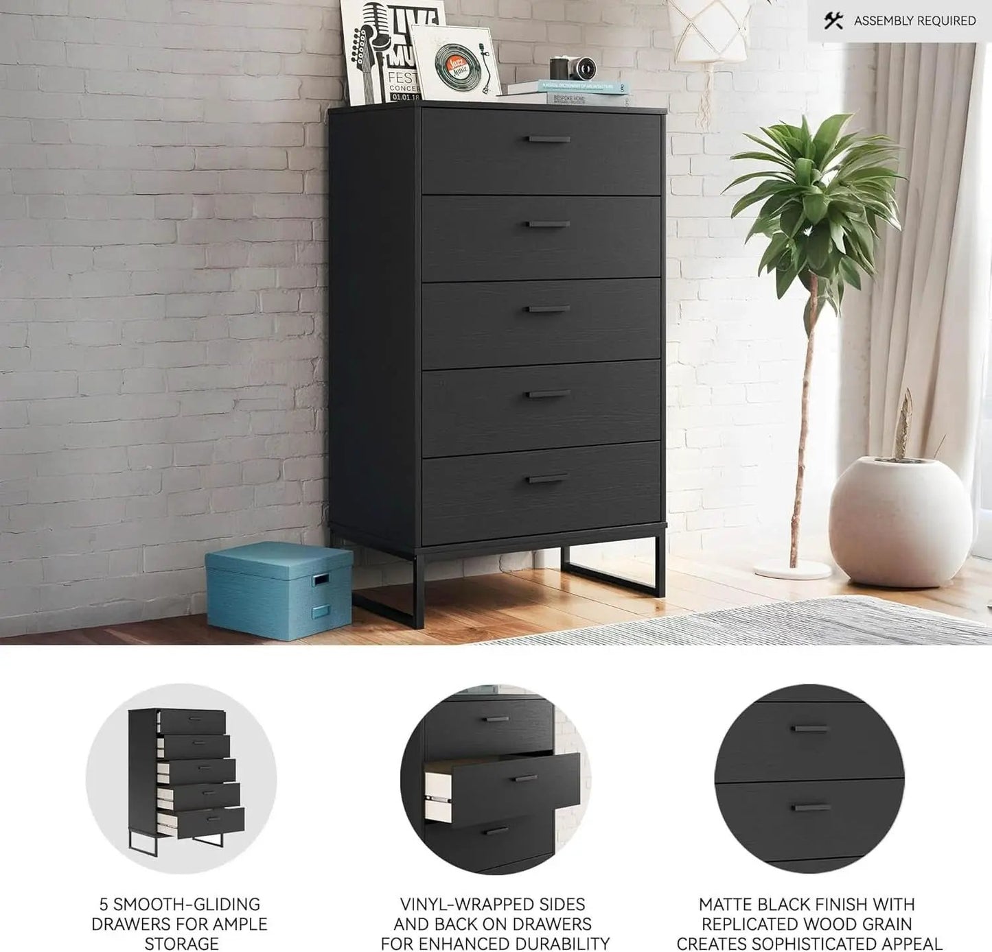 Modern 5-Drawer Chest with Safety Stop, Black Finish for Bedroom from PriceLows™