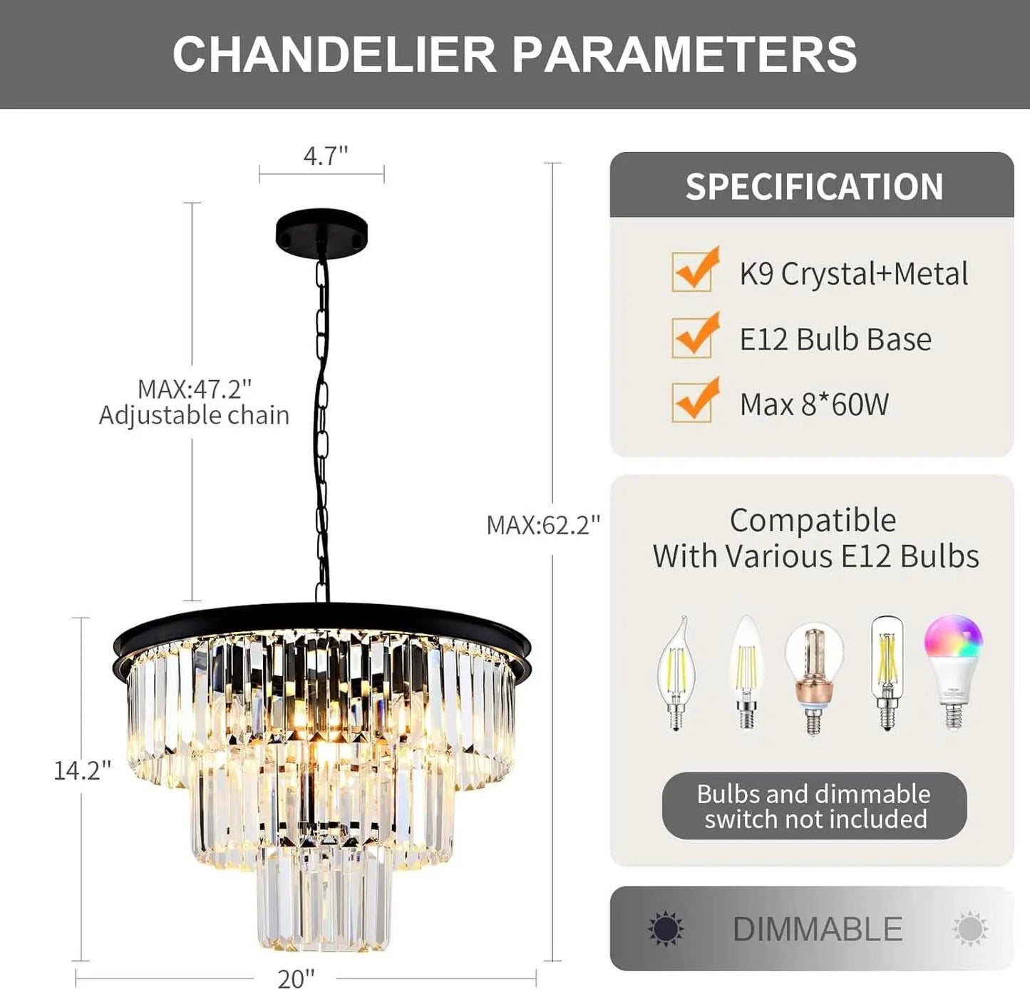 8 Light Black Crystal Chandelier Elegant Dining Fixture from PriceLows™