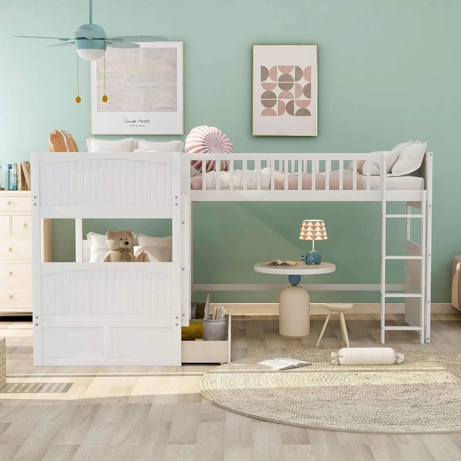 L Shaped Solid Wood Bunk Bed White Twin Over Twin Over Twin With 2 Drawers from PriceLows™