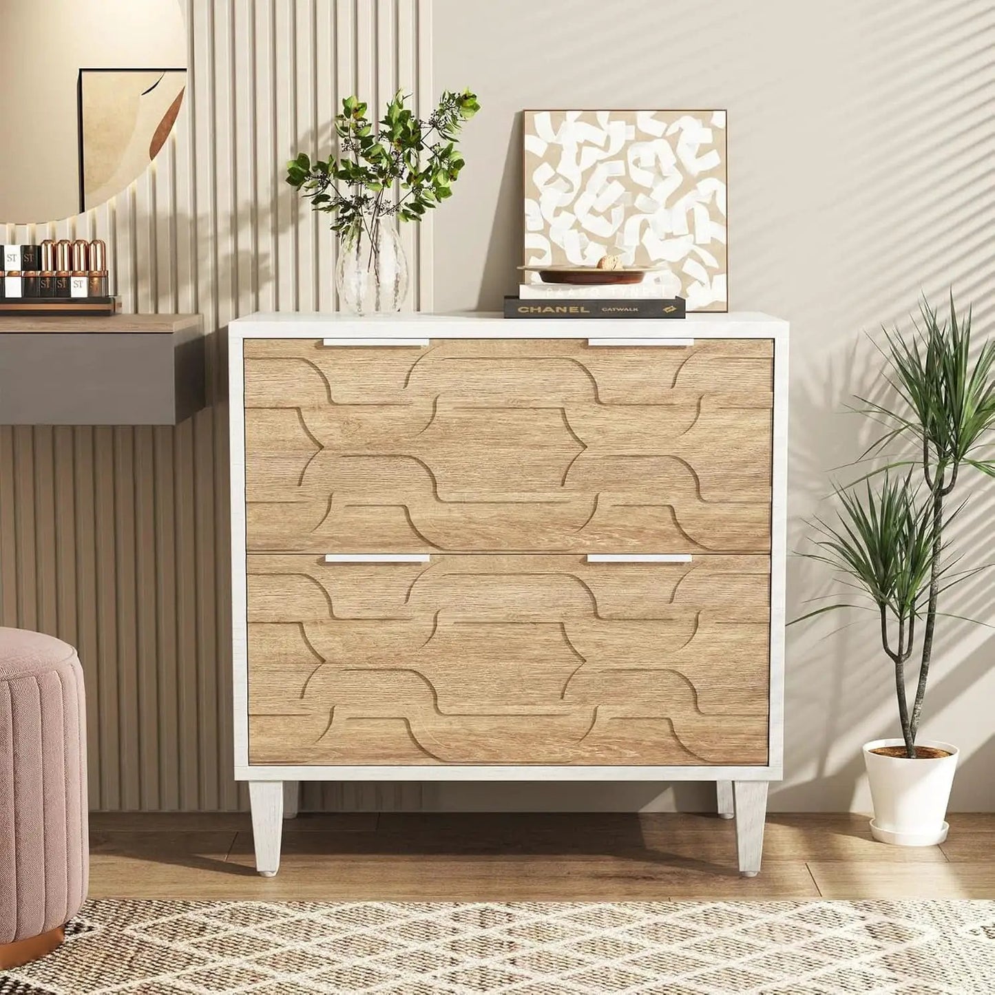 Two Drawer Lateral File Cabinet For A4 Letter And Legal Size Documents White And Walnut Printer Stand from PriceLows™