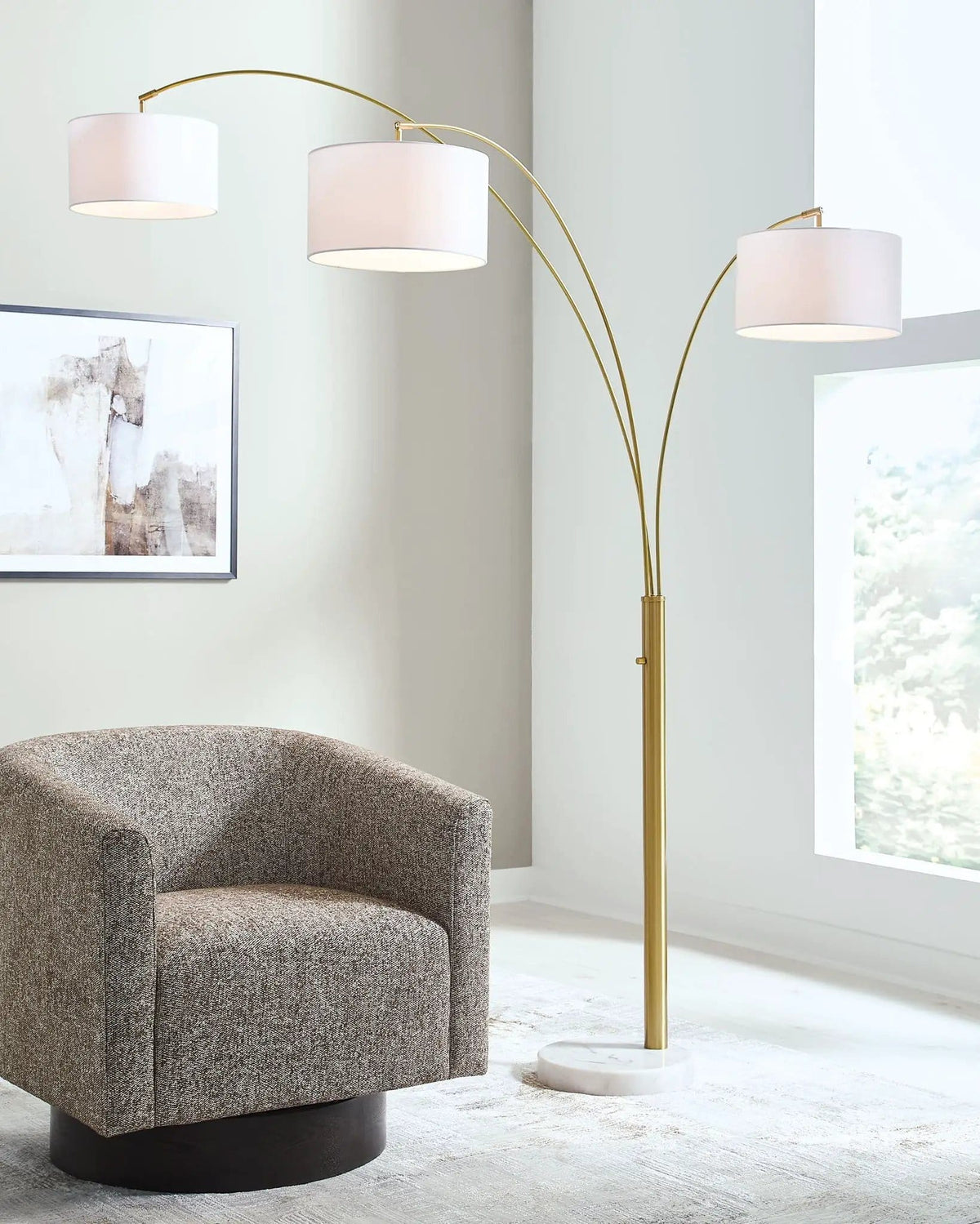 Valo Metal Arc Lamp | 40 x 52.25 x 88 in | Marble & Fabric | Gold Finish