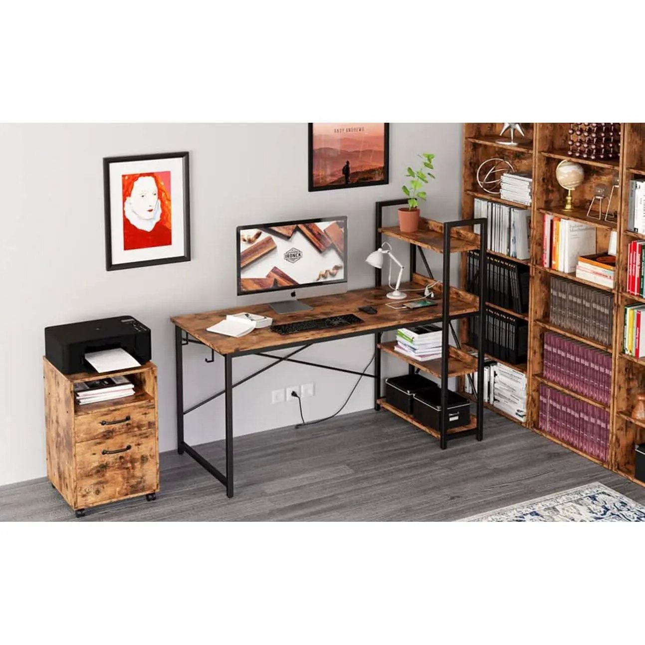Rustic Brown Desk With Built In Power And Spacious Storage For Home Office from PriceLows™