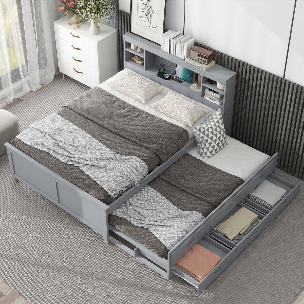 Platform Bed | Storage Headboard | USB Ports | Twin Trundle