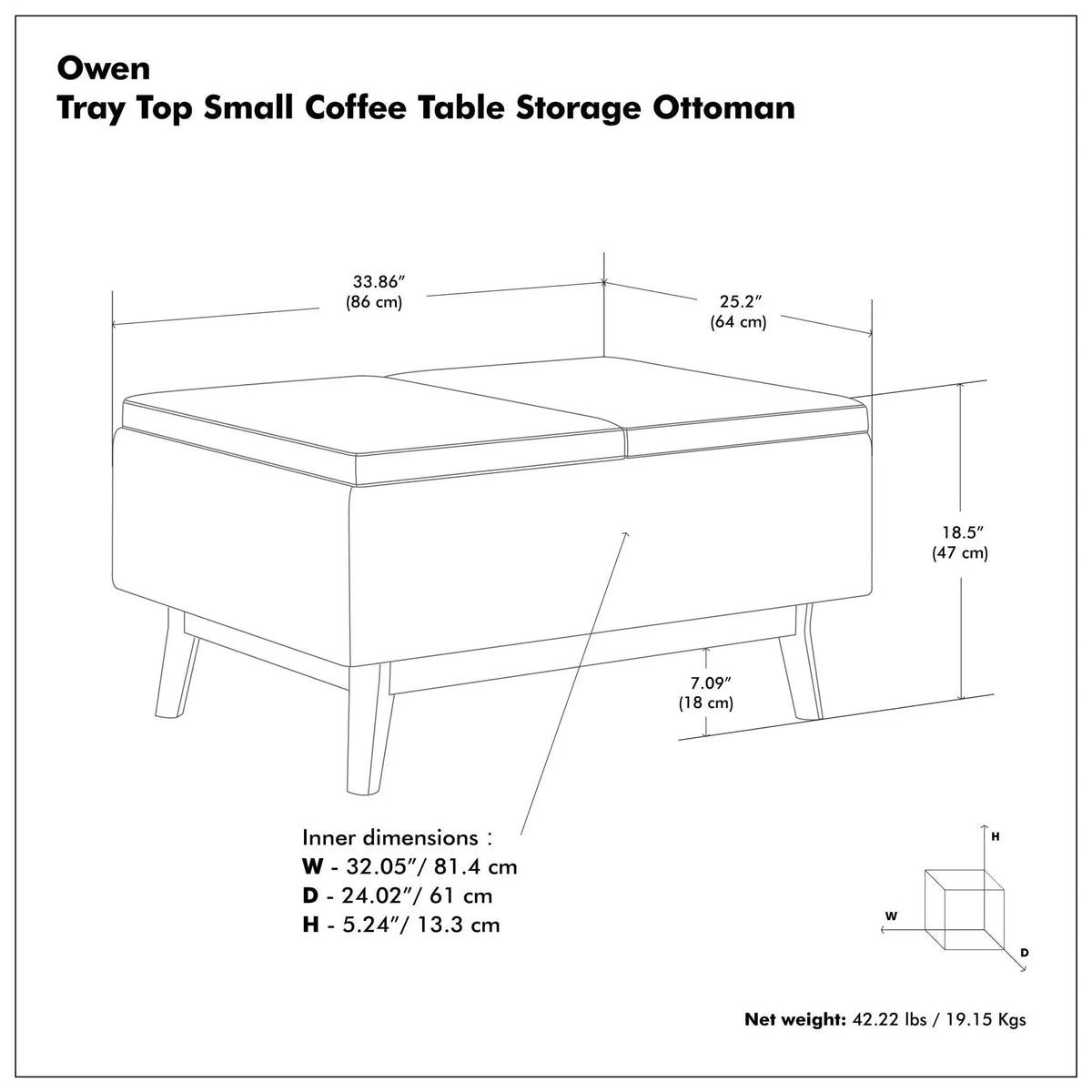 Owen Tray Top Coffee Table Ottoman | Upholstered Storage | Two Flip Over Serving Trays | Small Size