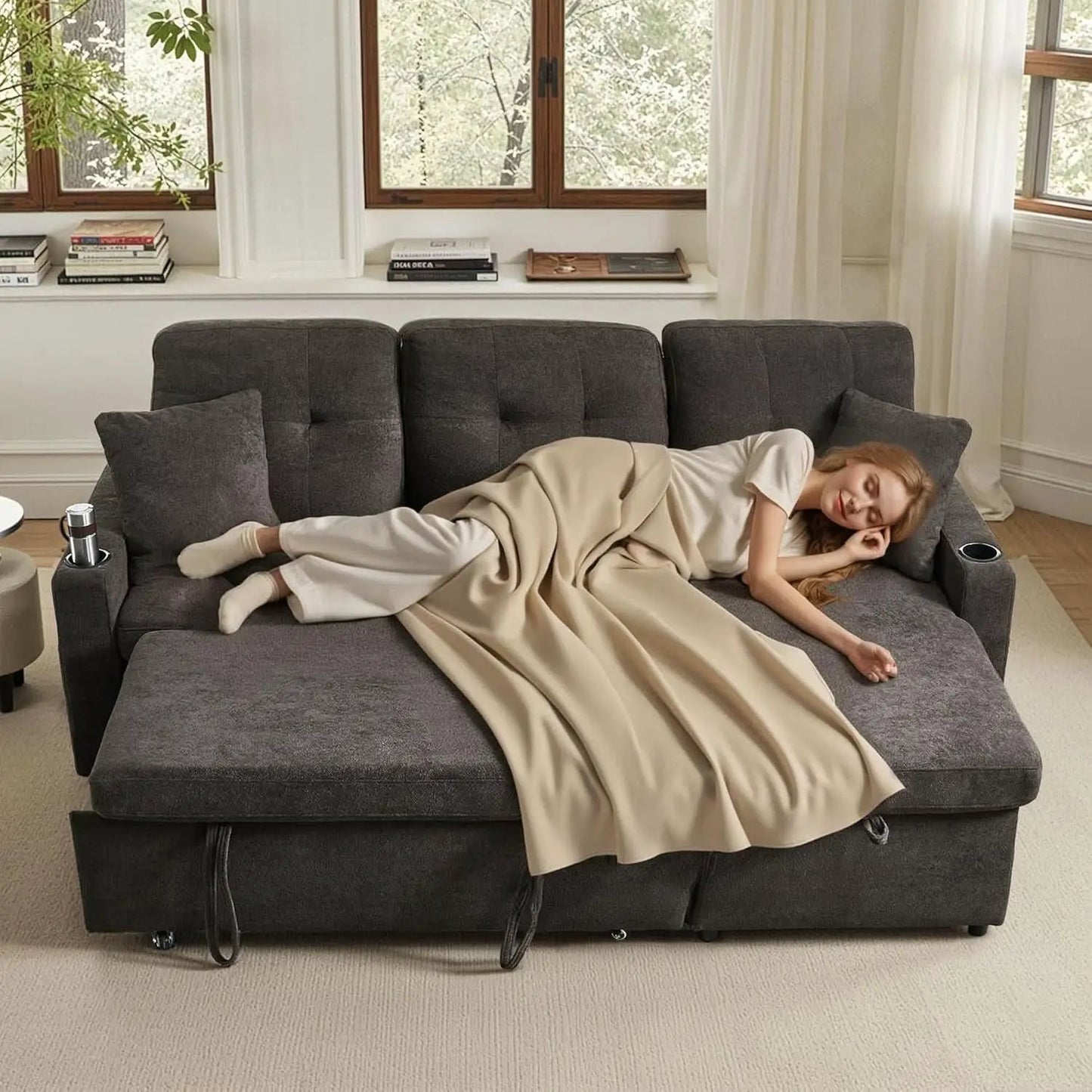 Dark Grey Microfiber Reversible Sectional Sofa Bed With USB from PriceLows™