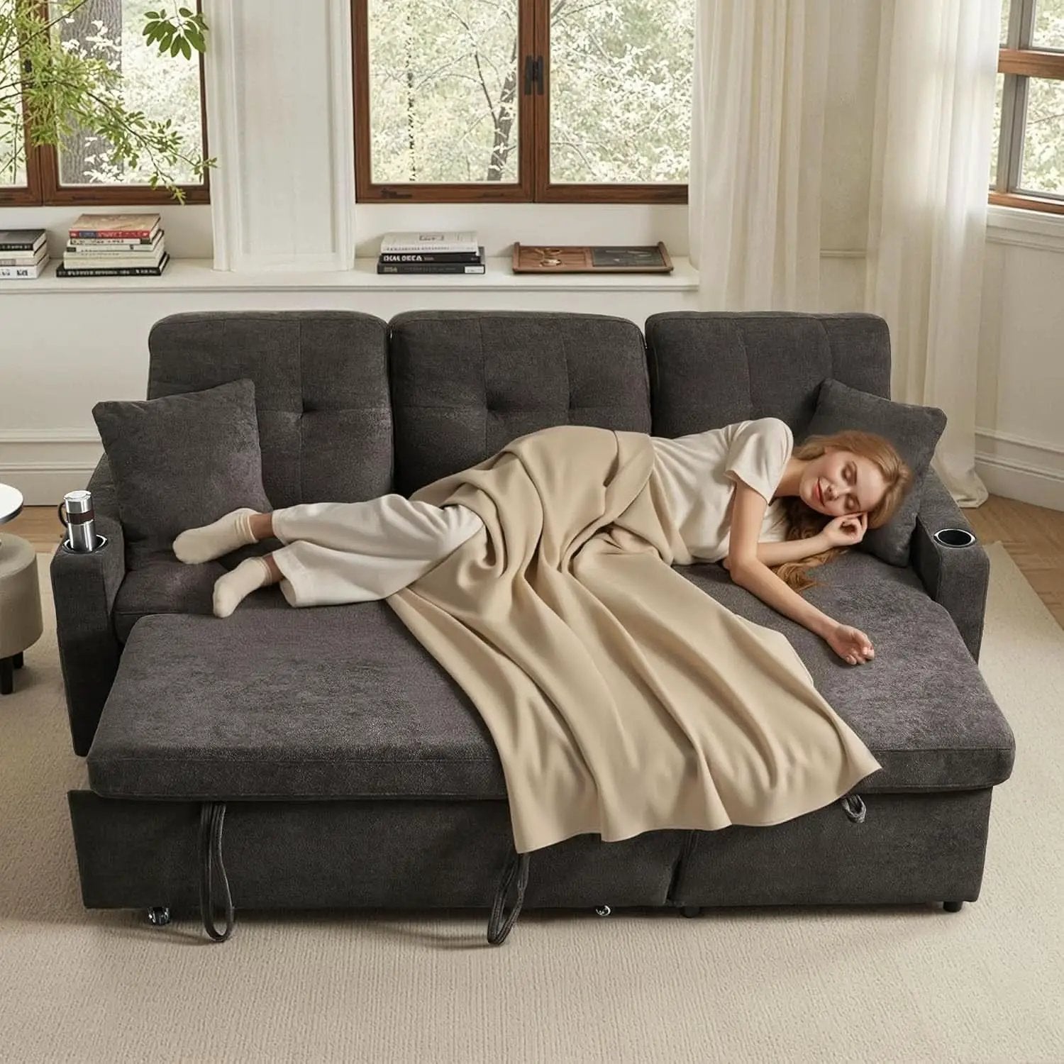Dark Grey Microfiber Reversible Sectional Sofa Bed With USB from PriceLows™