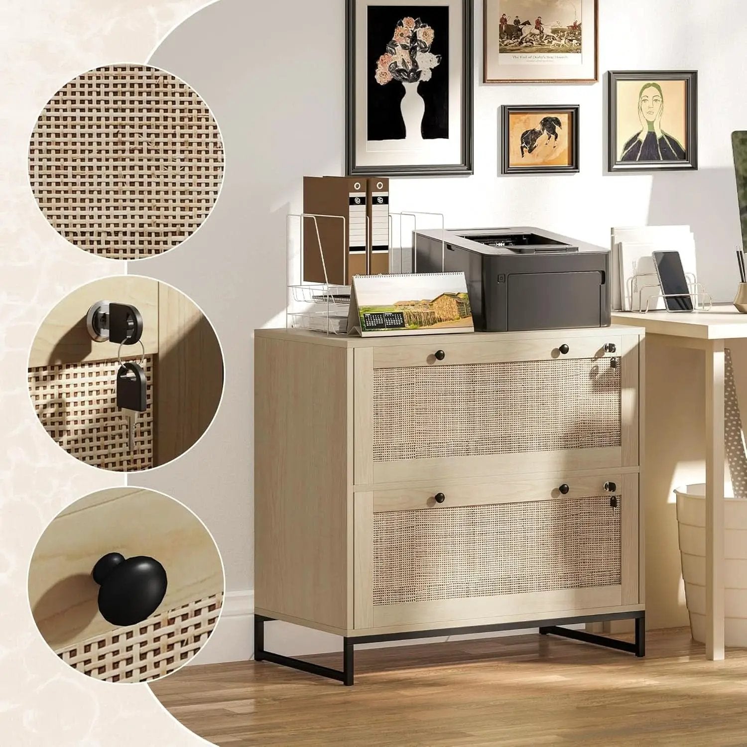 Two Drawer Rattan File Cabinet With Lock, Printer Stand And Adjustable Bars For Letter A4 Legal Files Natural Finish from PriceLows™