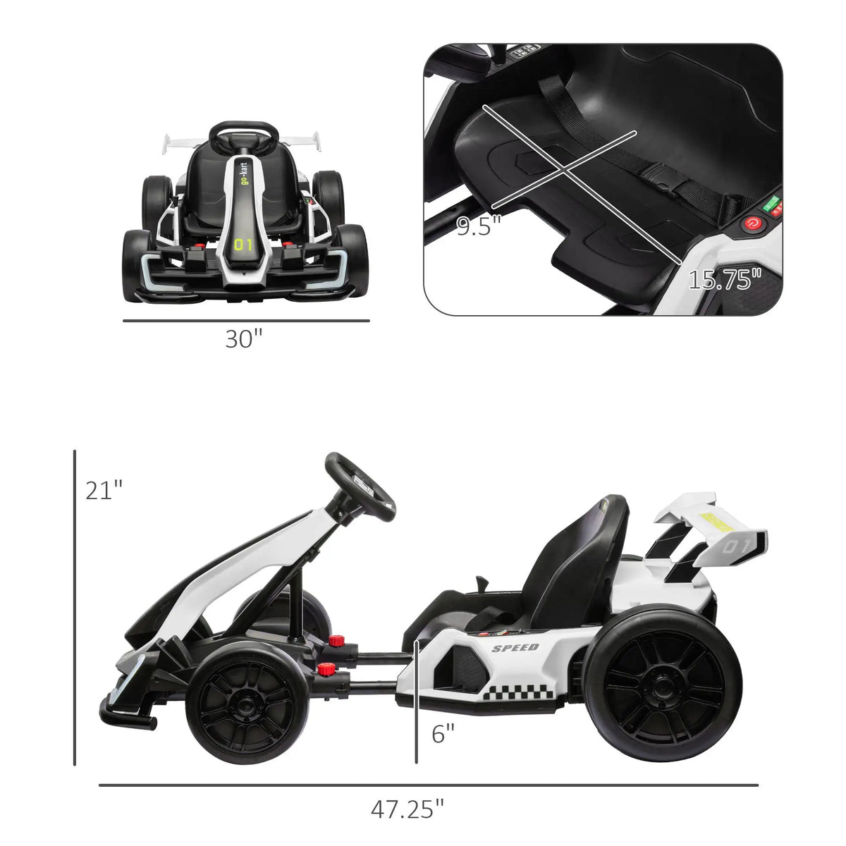 Electric Go Kart | 24V Motor | 7.5 MPH | White Adjustable Seat