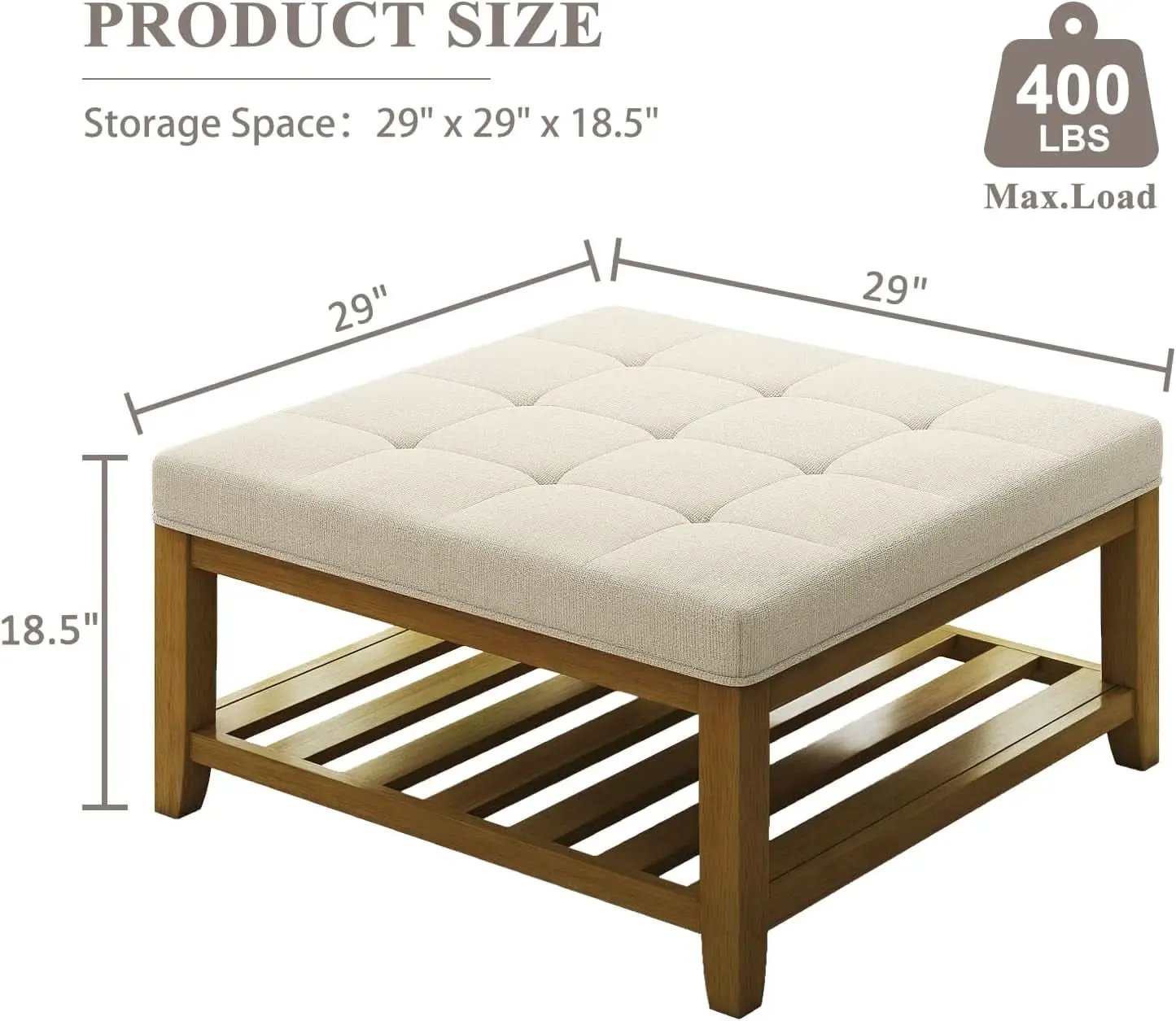 Oversized Ivory Upholstered Ottoman With Wooden Shelf from PriceLows™