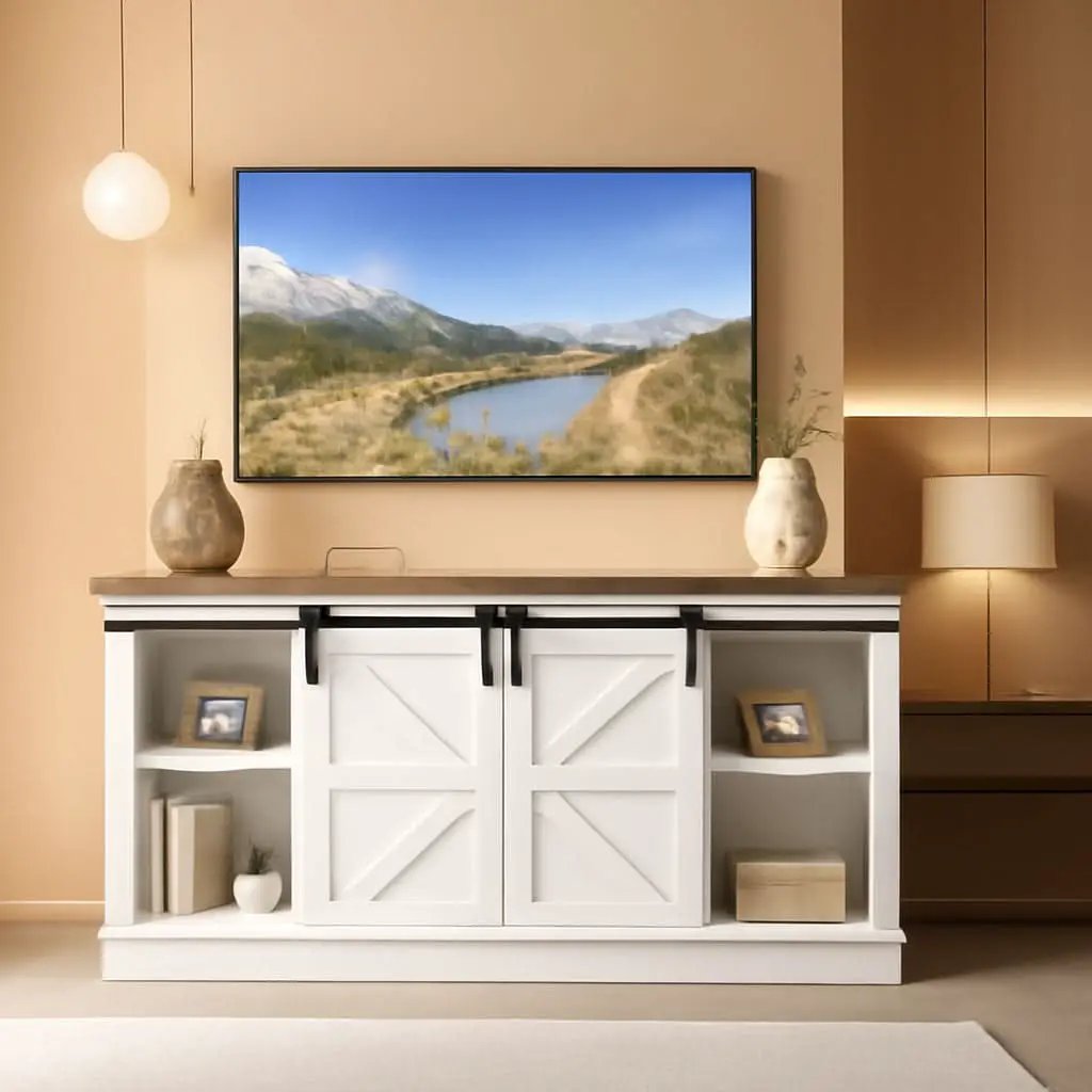 65 Inch Farmhouse TV Stand With Sliding Barn Doors from PriceLows™