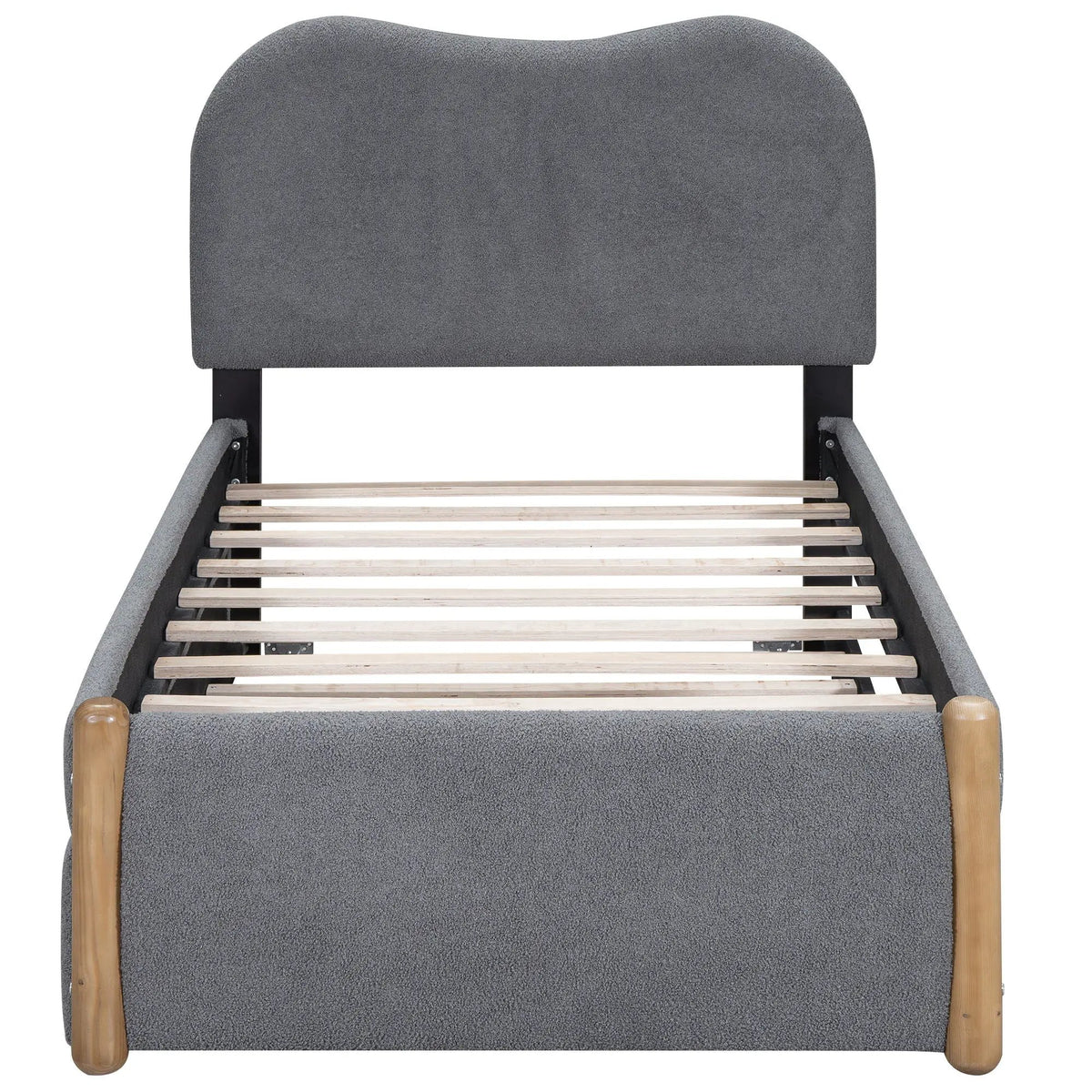 Upholstered Platform Bed | Trundle | Arc-Shaped Berber Fleece Headboard | Wood Supporting Feet