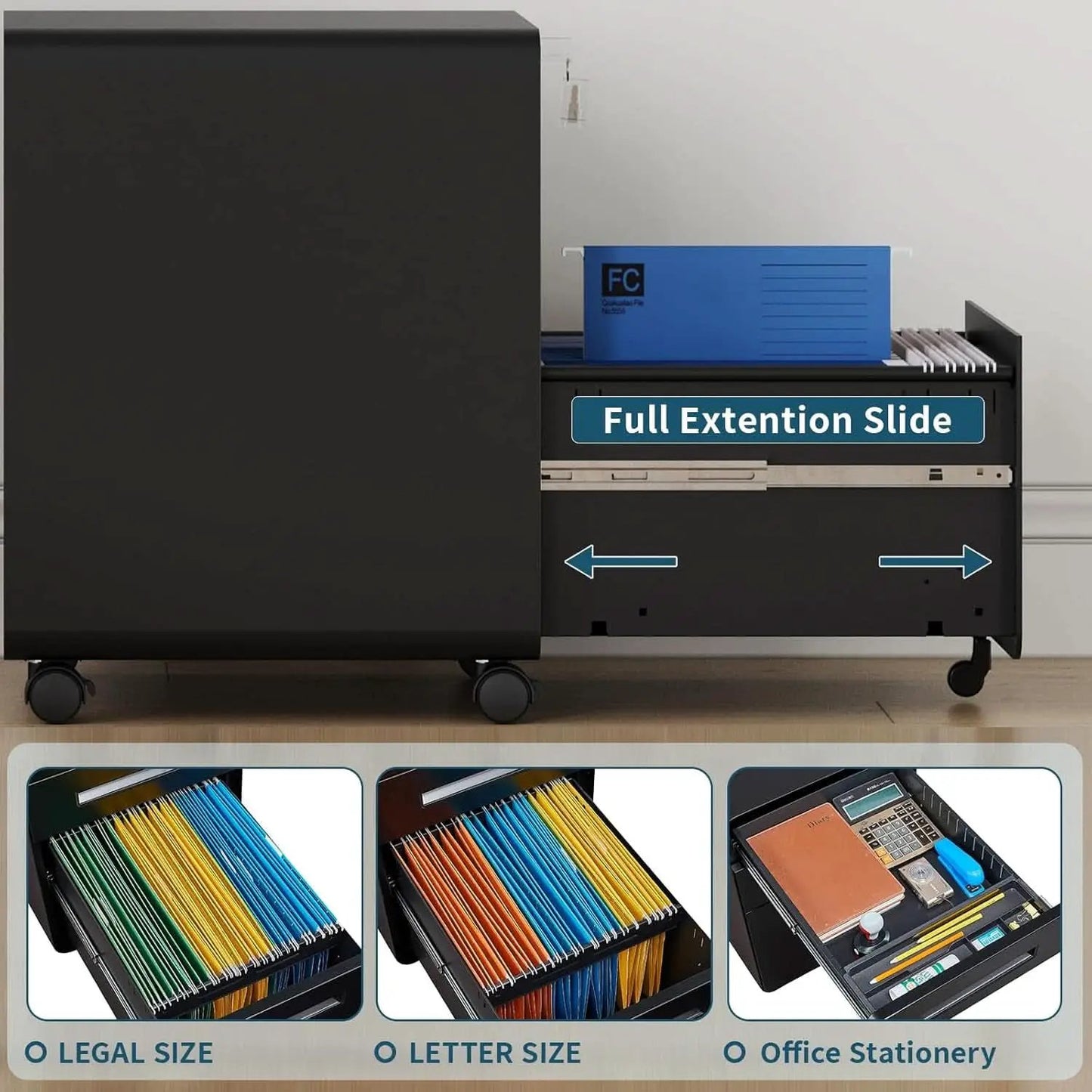 Mobile 3 Drawer Filing Cabinet With Lock Black Rolling from PriceLows™