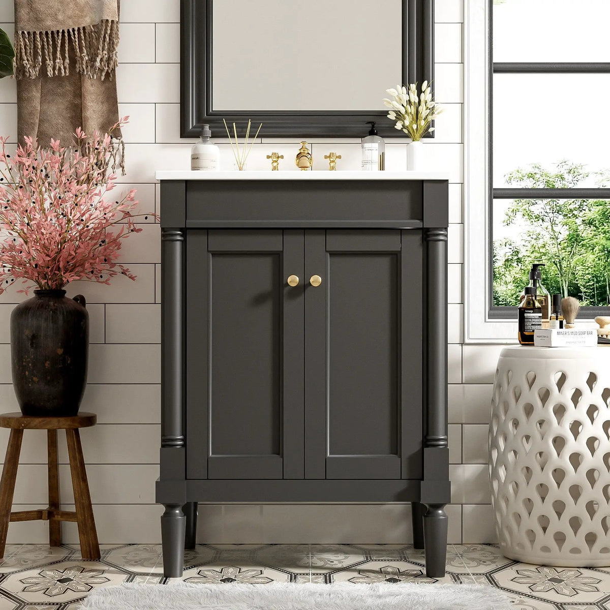 24 Inch Bathroom Vanity With Top Sink | 2 Tier Storage Cabinet | Retro Metal Handles | Soft-Closing Hinges