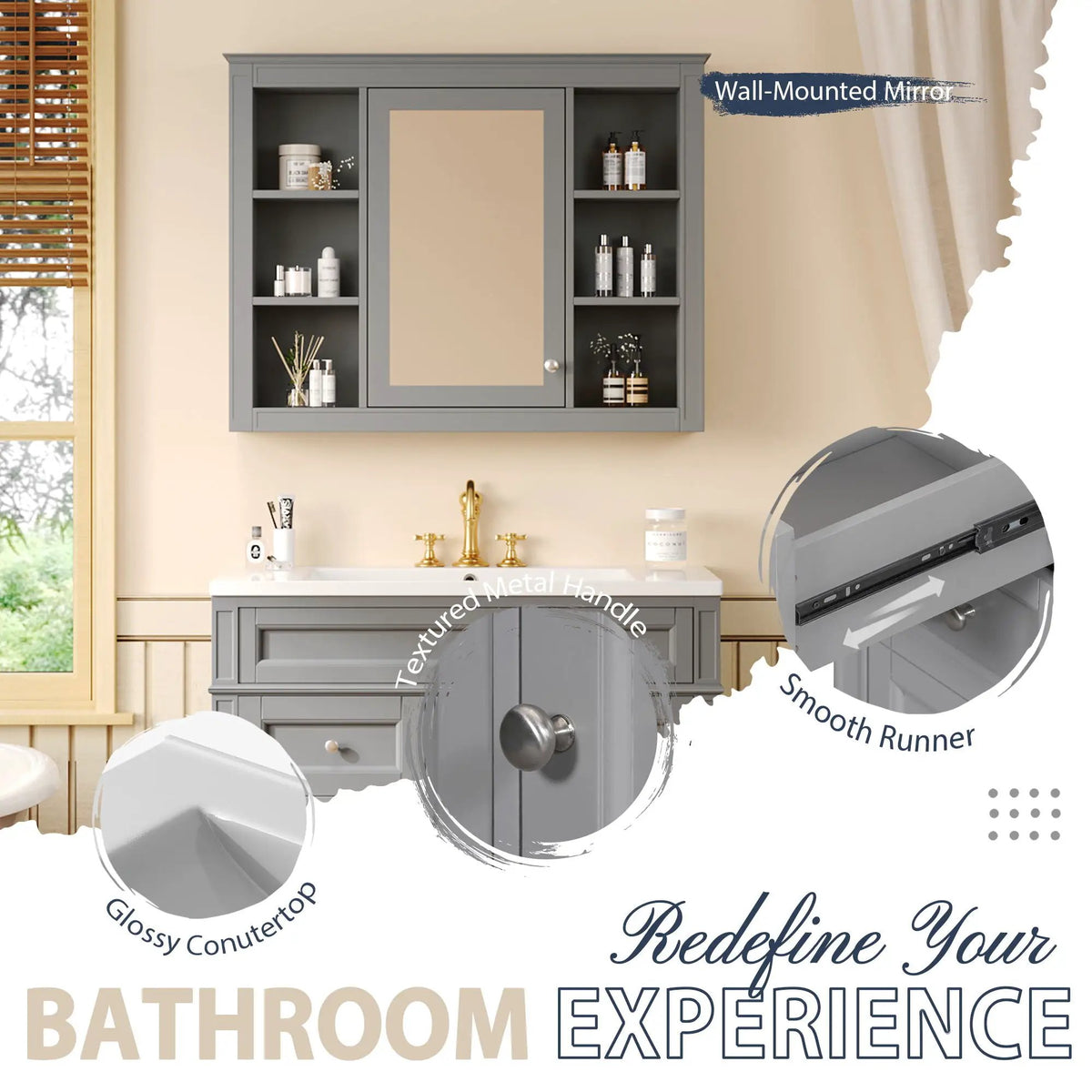Bathroom Vanity With Mirror Cabinet | Single Sink | Soft Close Doors And Drawers