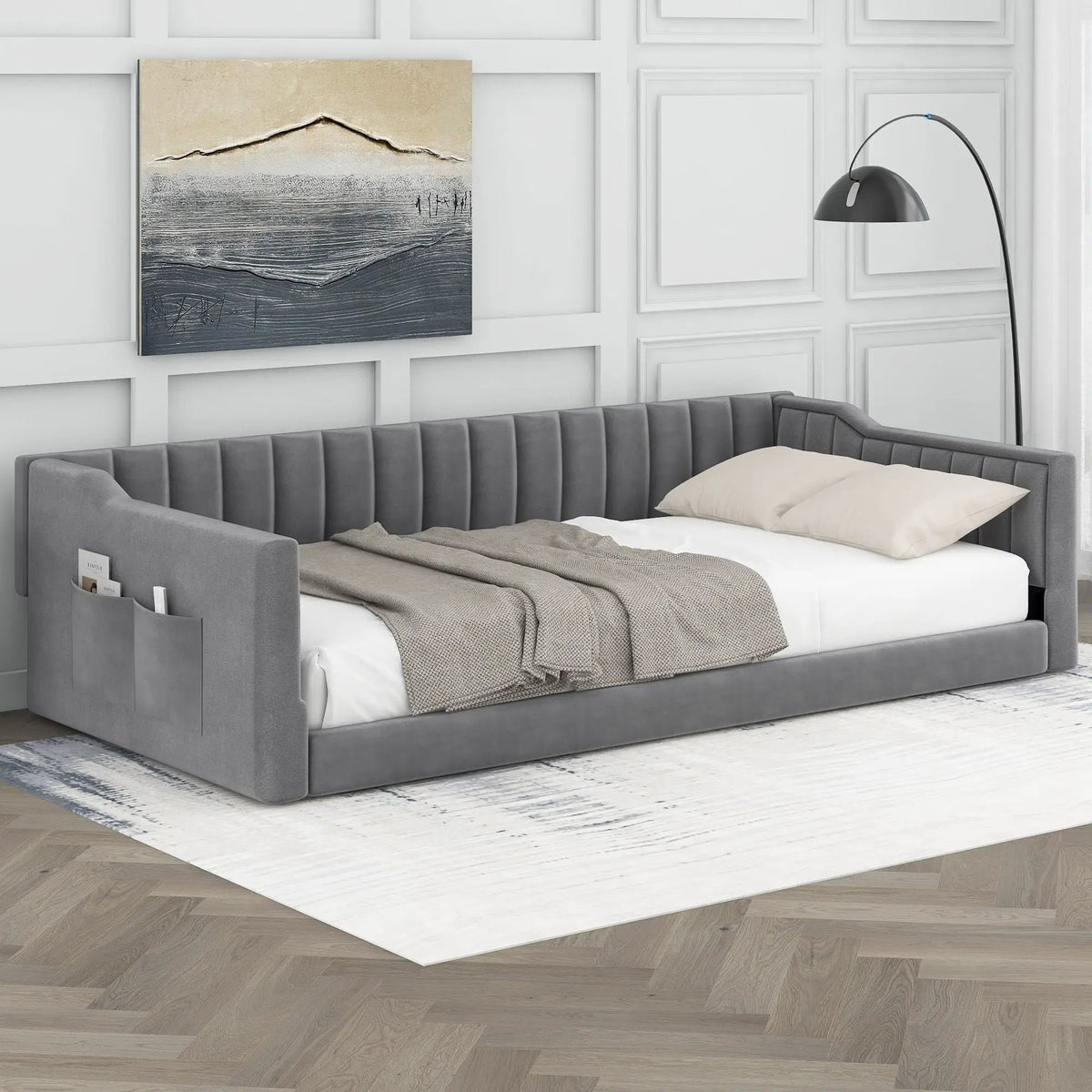 Compact Daybed | Side Storage Pocket | Vertical Stripe Upholstery | 87.8 Inch Length