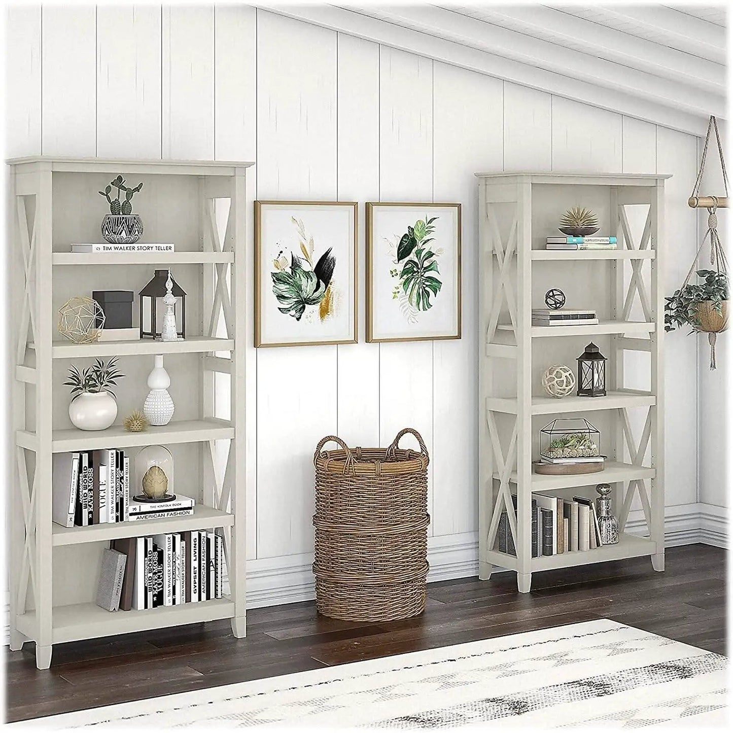 Linen White Oak 5 Shelf Bookcase Set 2 Tall 66H 32W 13D from PriceLows™