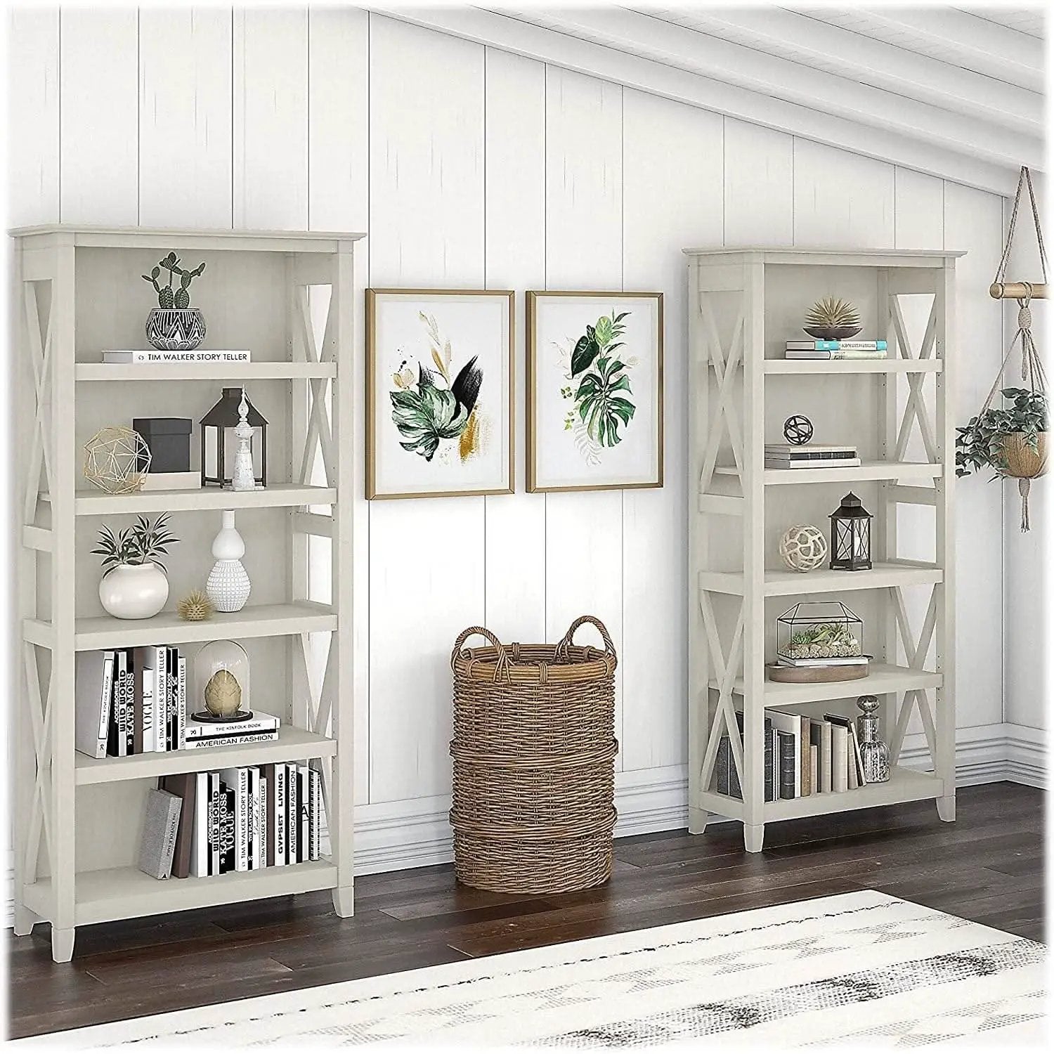 Linen White Oak 5 Shelf Bookcase Set 2 Tall 66H 32W 13D from PriceLows™
