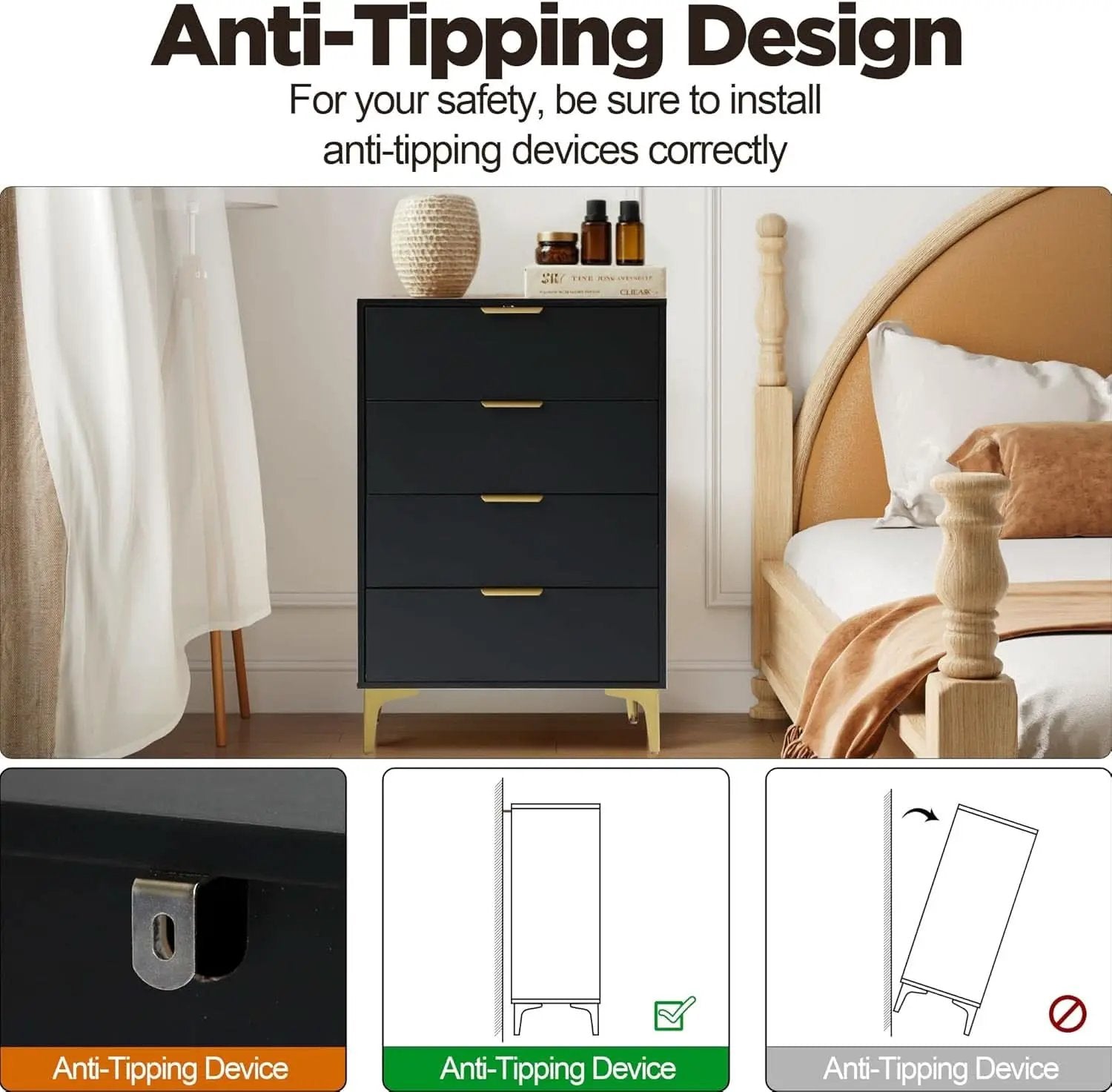 4 Drawer Black Wood Dresser For Bedroom Living Room from PriceLows™