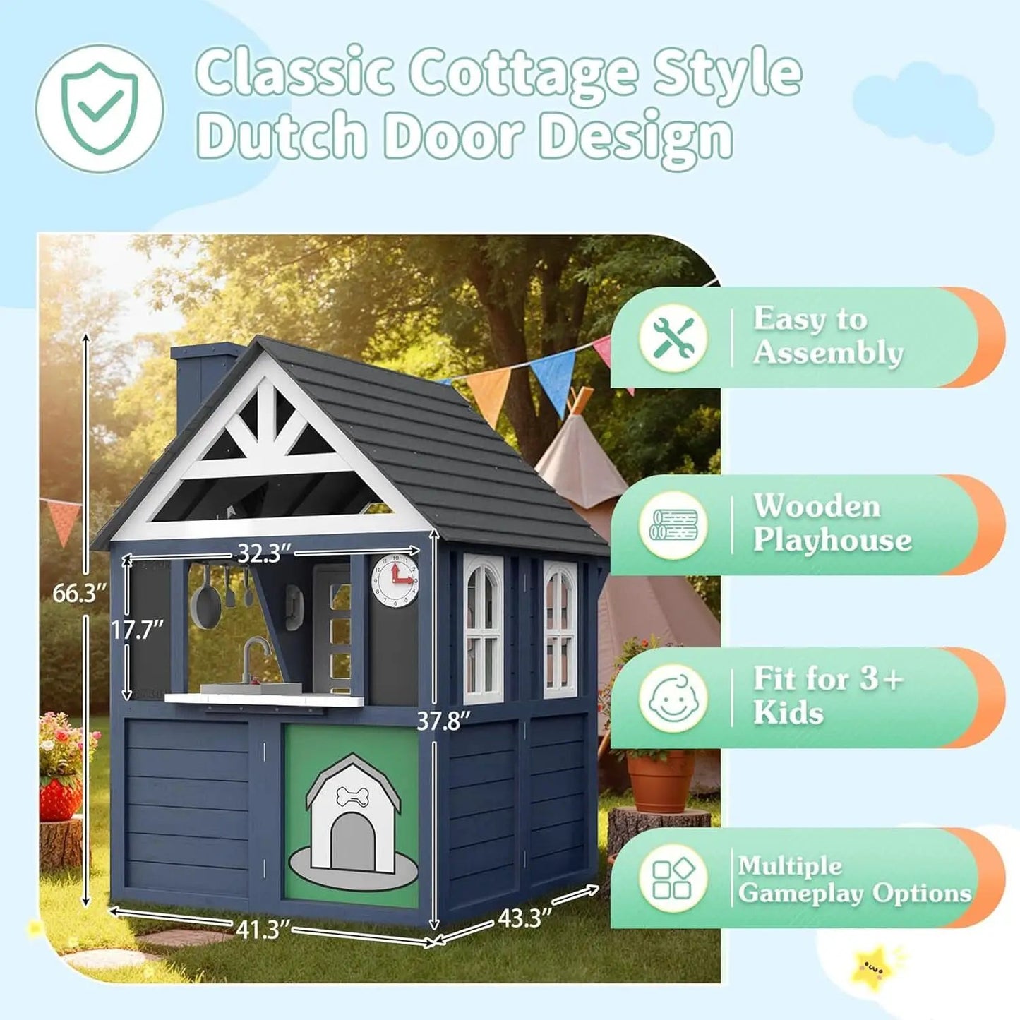 Blue Outdoor Kids Playhouse With Kitchen Doorbell Panel from PriceLows™