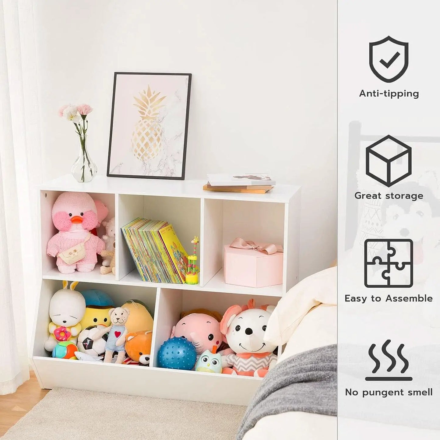White 35.4 Inch Kids Bookshelf With Open Compartments from PriceLows™