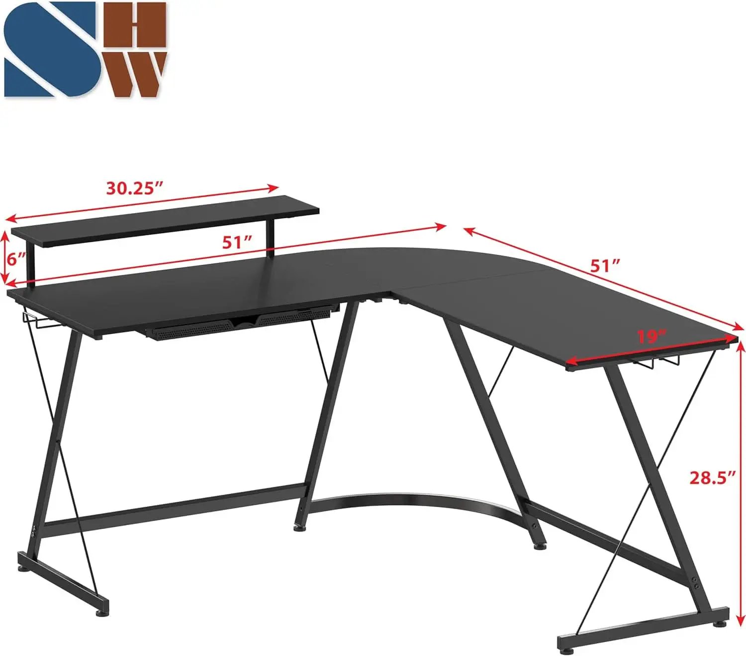 Vista L Shaped Desk With Removable Monitor Shelf In Black from PriceLows™