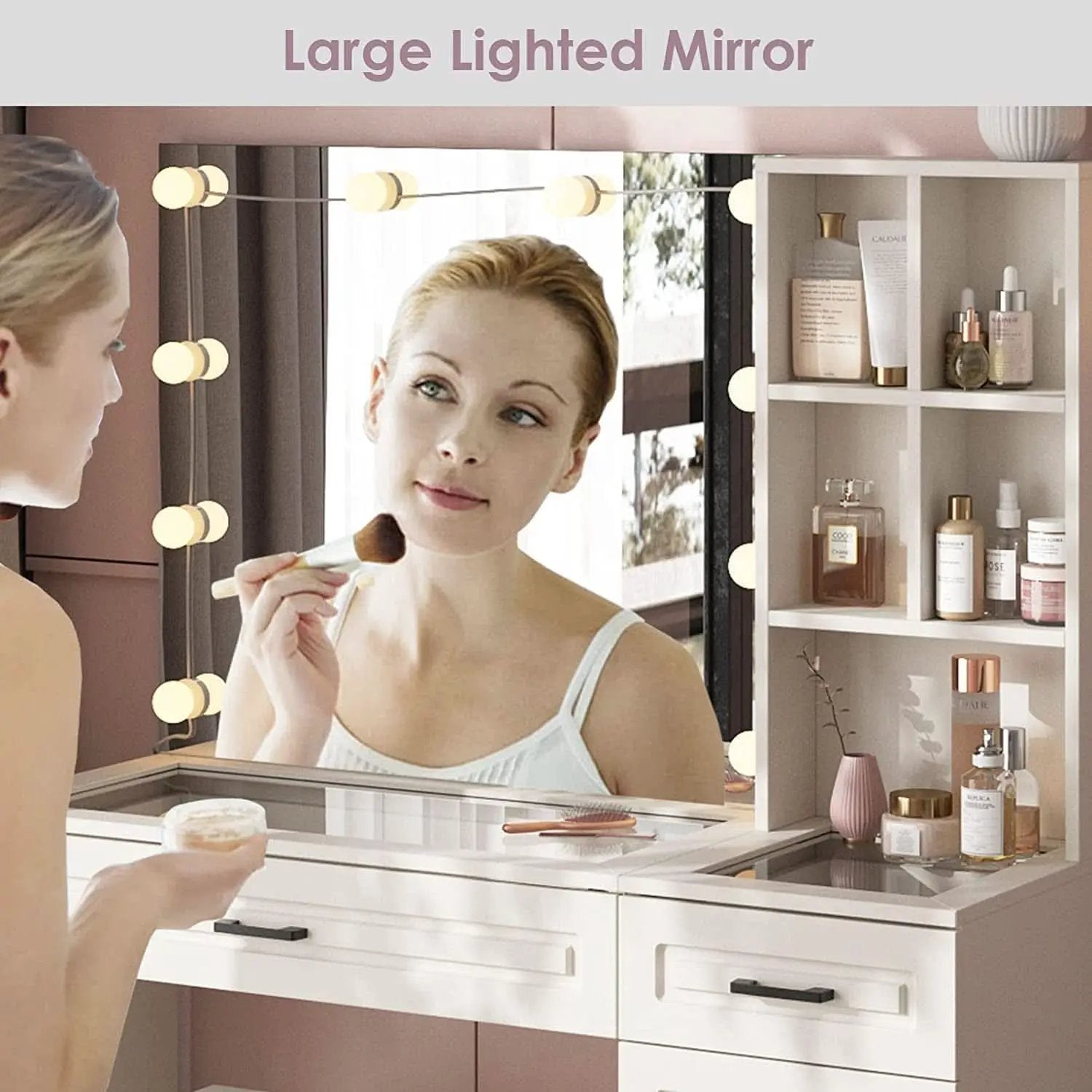 White Vanity Table Set With Glass Top Hollywood Mirror from PriceLows™