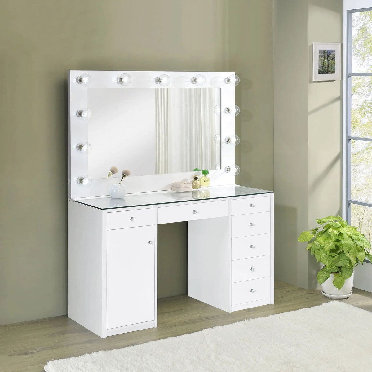 Acena 7-drawer Vanity Set with Lighting White High Gloss | 46.5 x 18.5 x 61.5 in | Tempered Glass & Crystal | Bathroom